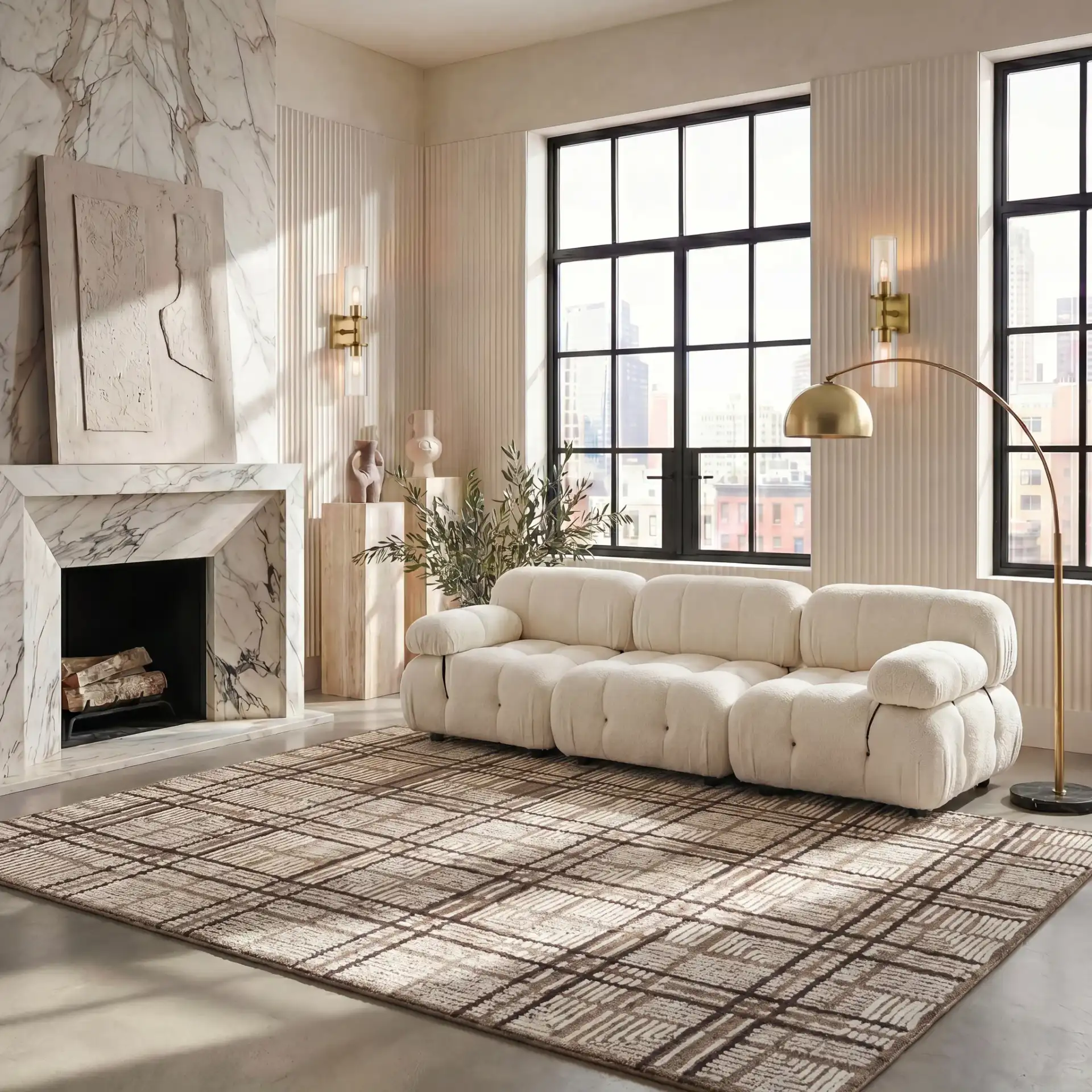 Harvest Modern Grid Hand-Tufted Wool Rug in Brown / Ivory in a styled room