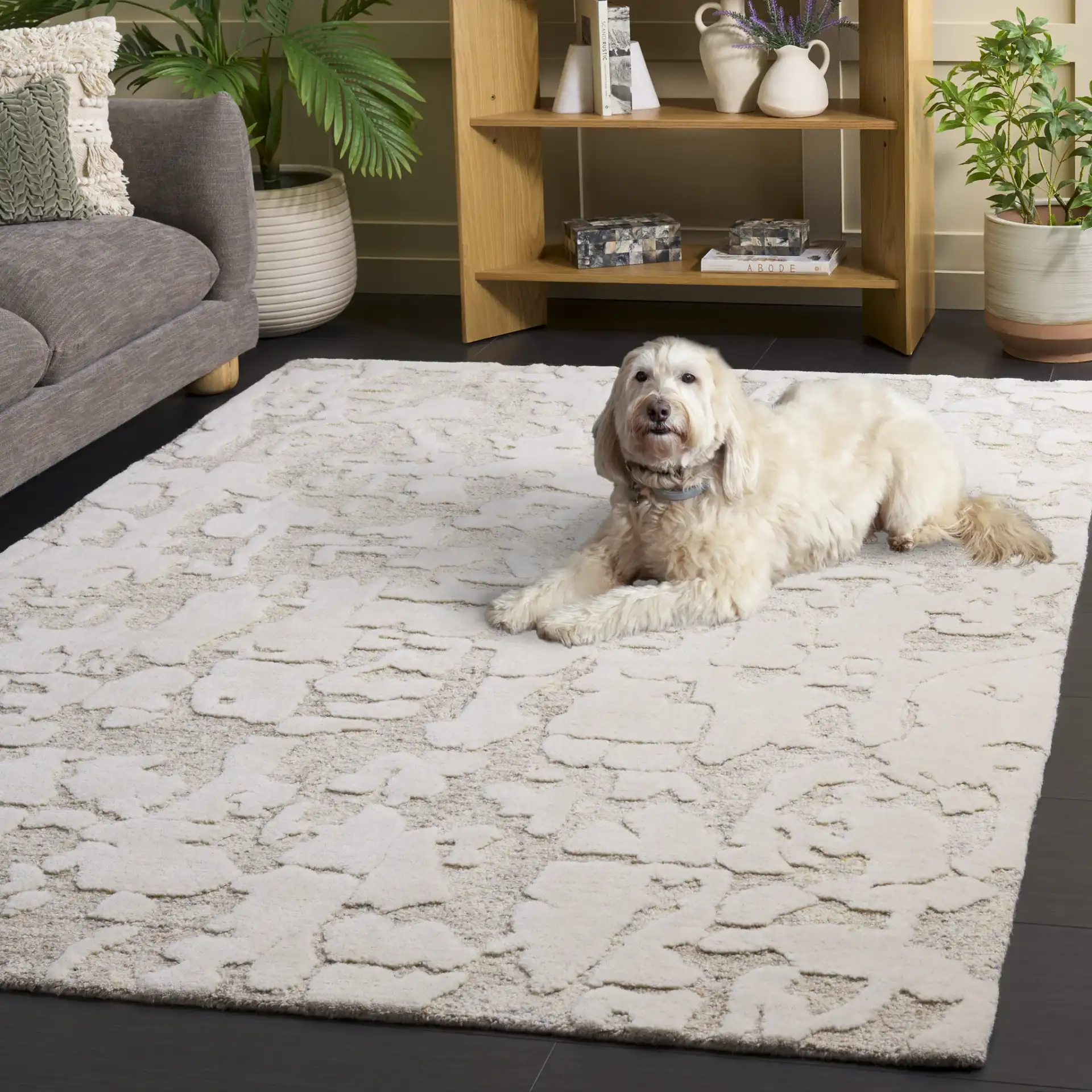 Harvest Abstract Pebble Hand-Tufted Wool Rug in Beige / Taupe in a styled room