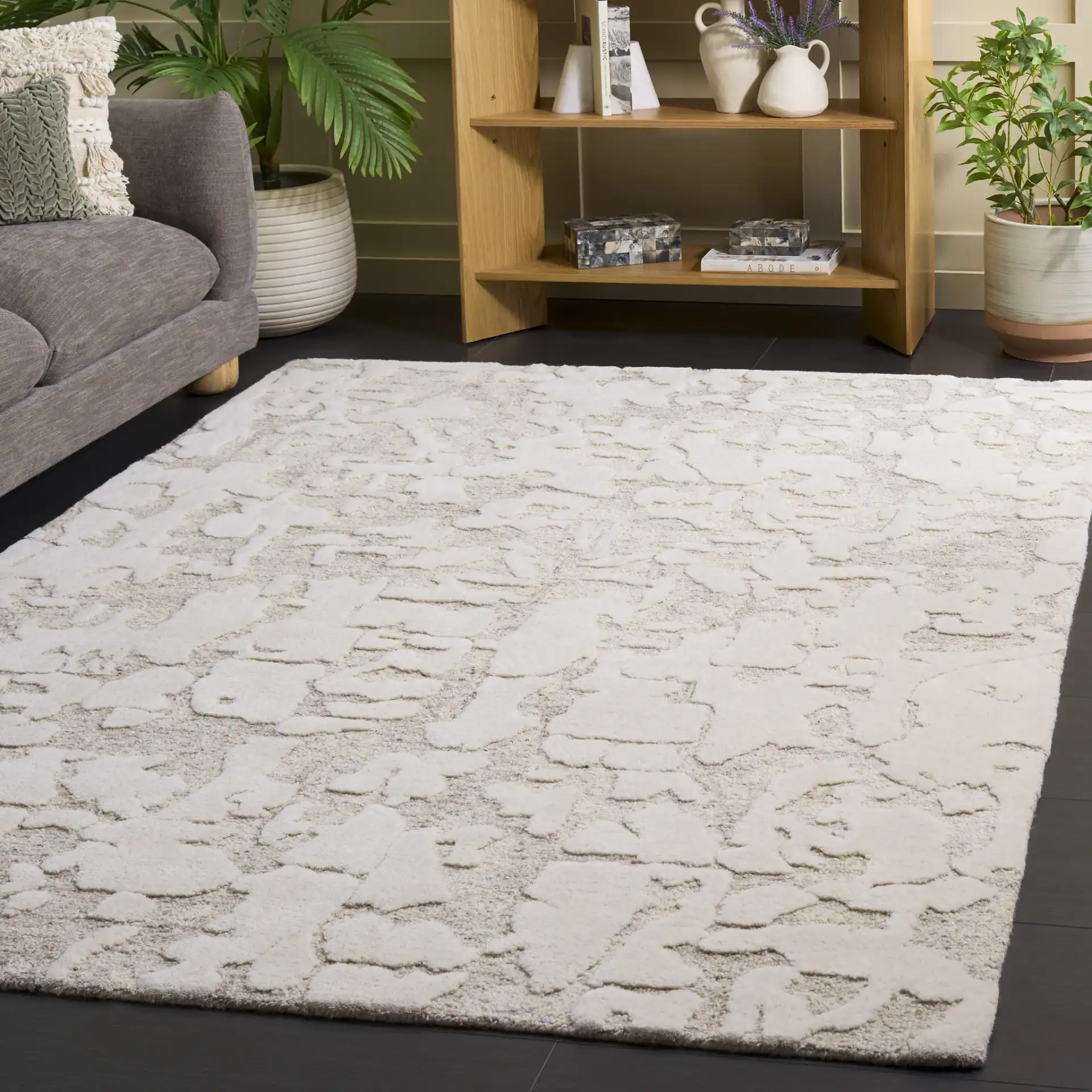 Harvest Abstract Pebble Hand-Tufted Wool Rug in Beige / Taupe in a styled room