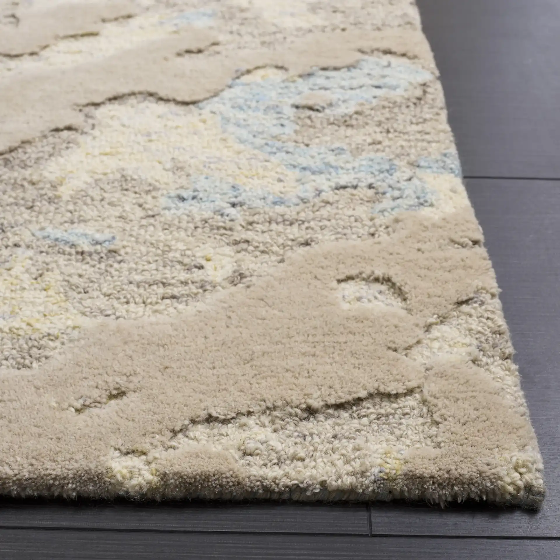 Harvest Abstract Textured Hand-Tufted Wool Rug in Taupe / Blue in a styled room