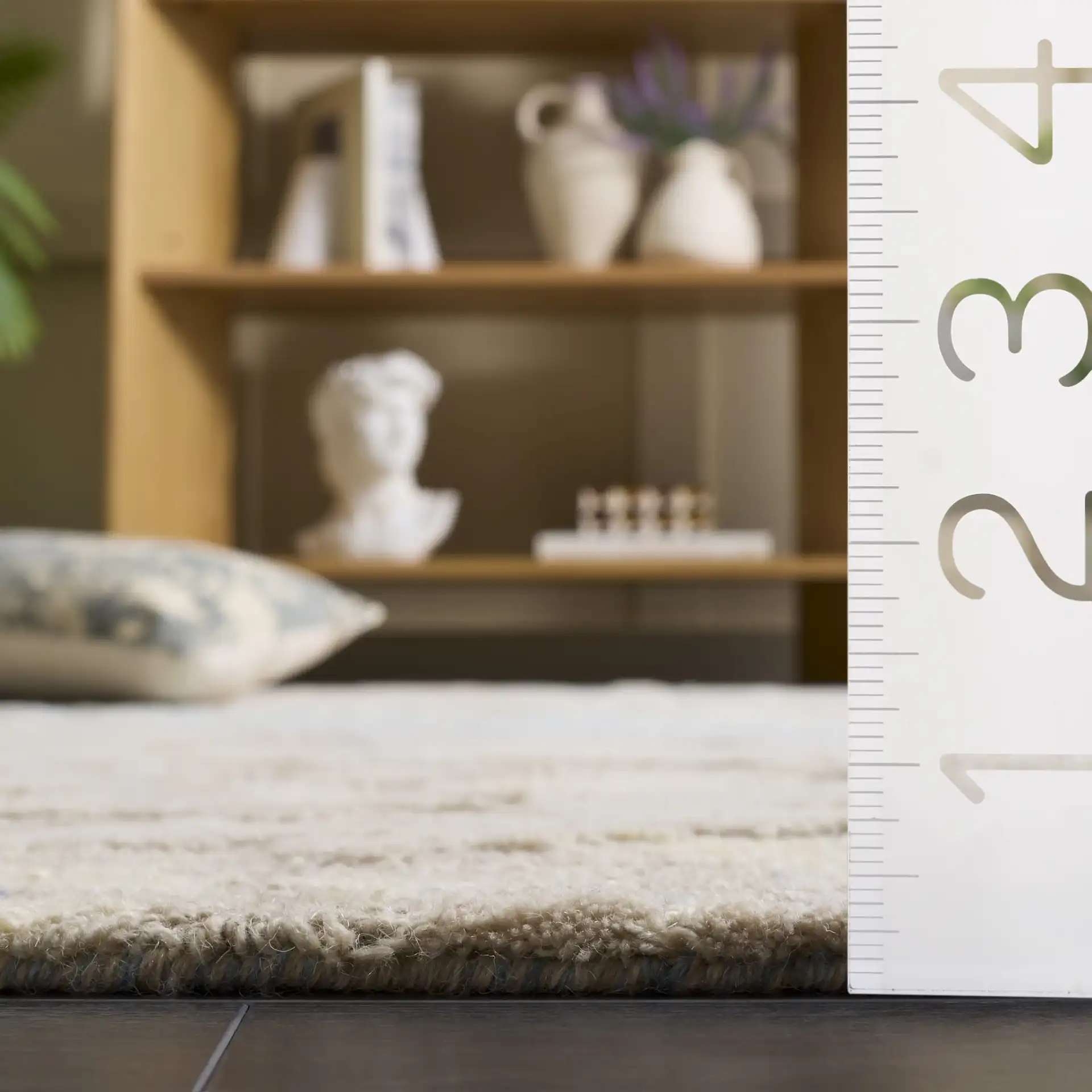 Harvest Abstract Textured Hand-Tufted Wool Rug in Taupe / Blue in a styled room