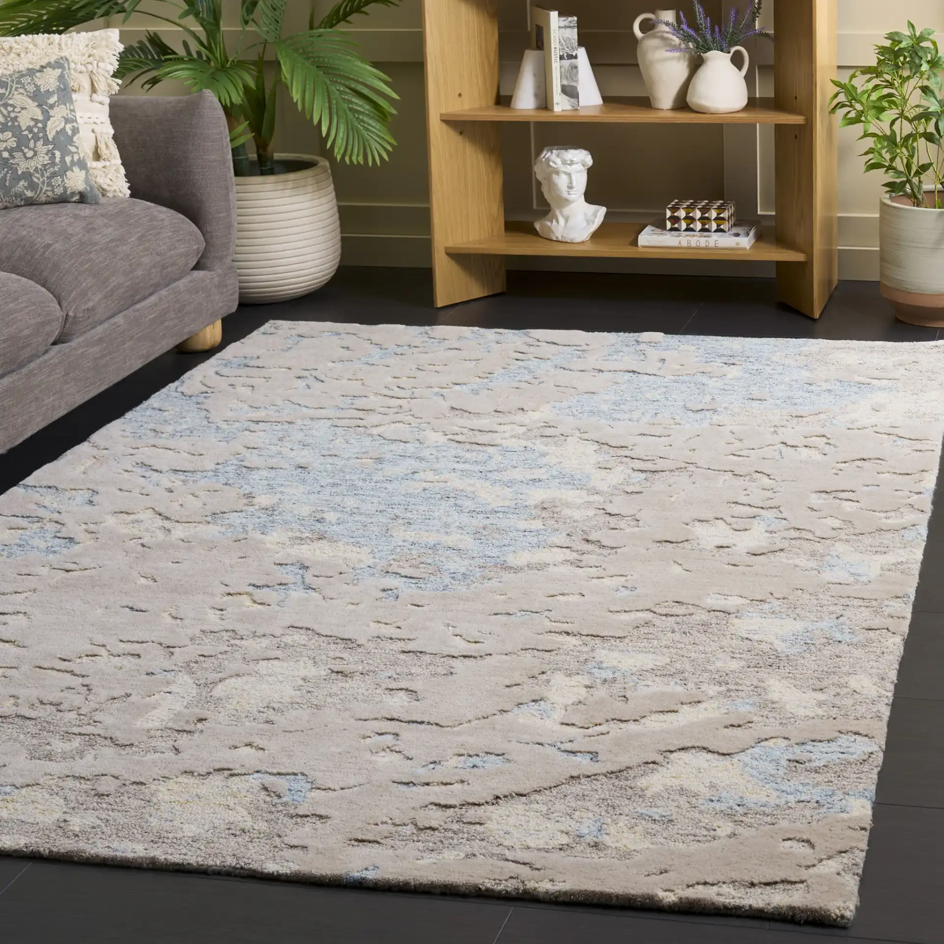 Harvest Abstract Textured Hand-Tufted Wool Rug in Taupe / Blue in a styled room