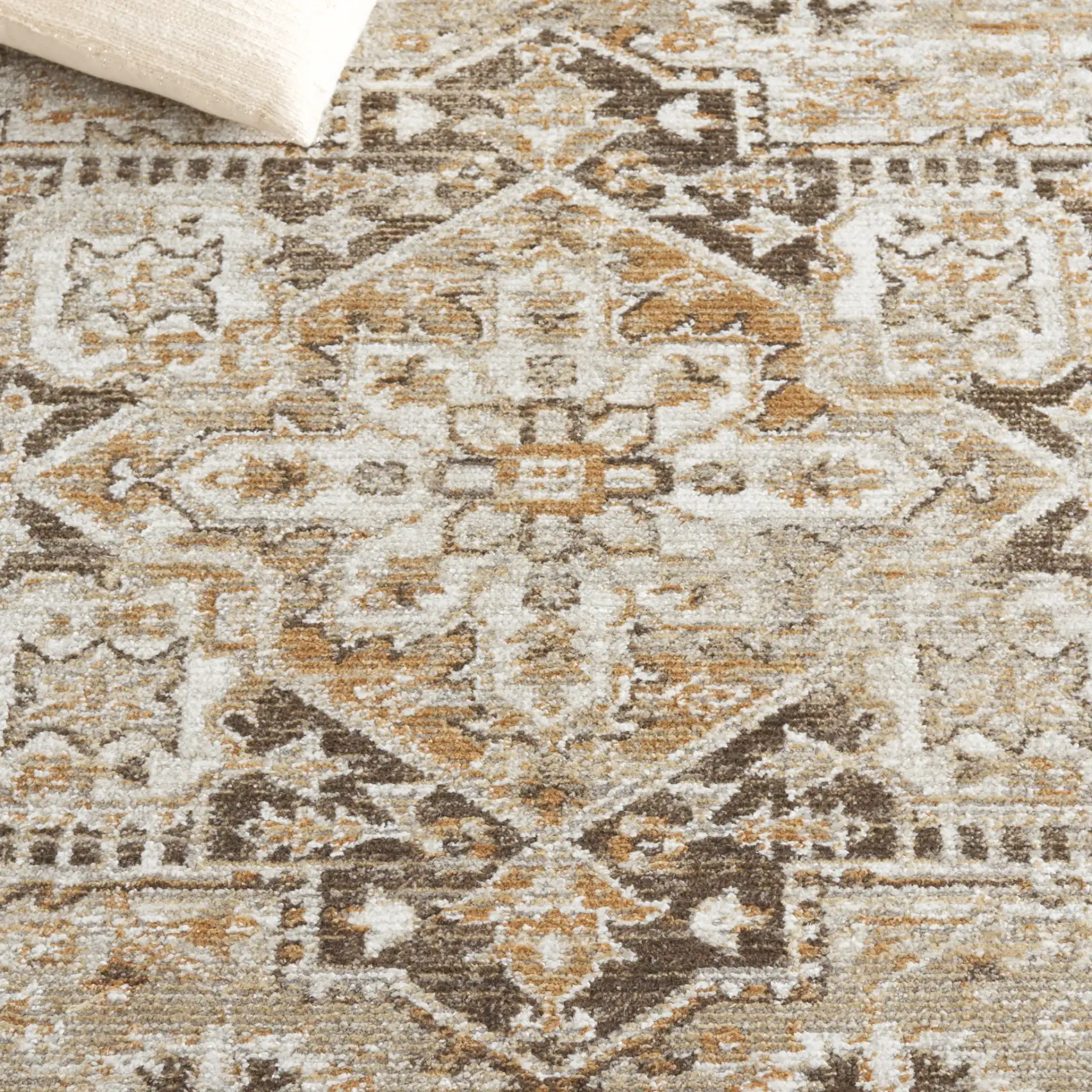 Hazel Medallion Bordered Rug in Beige / Brown in a styled room