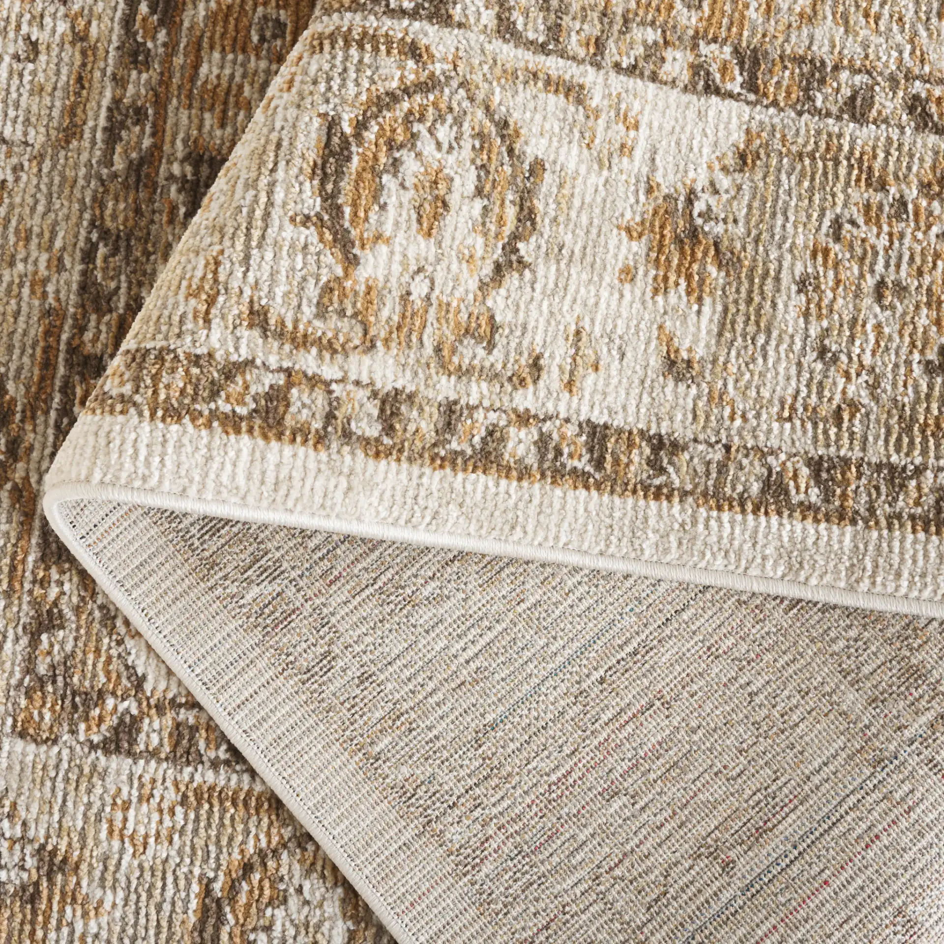 Hazel Medallion Bordered Rug in Beige / Brown in a styled room