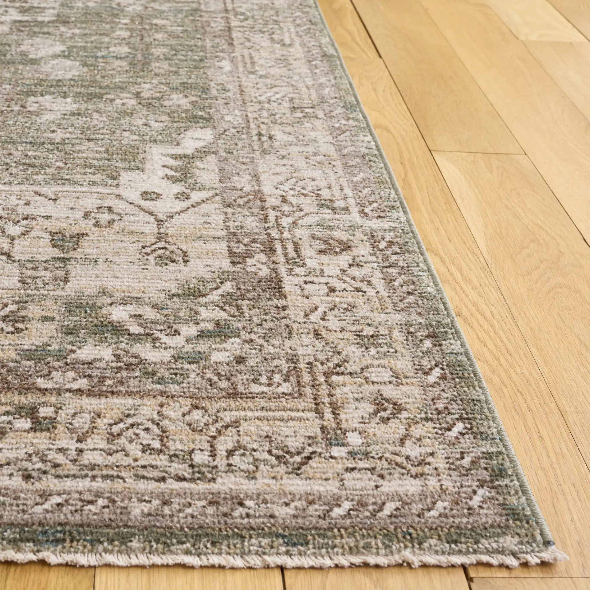 Hazel Distressed Medallion Rug in Green / Beige in a styled room