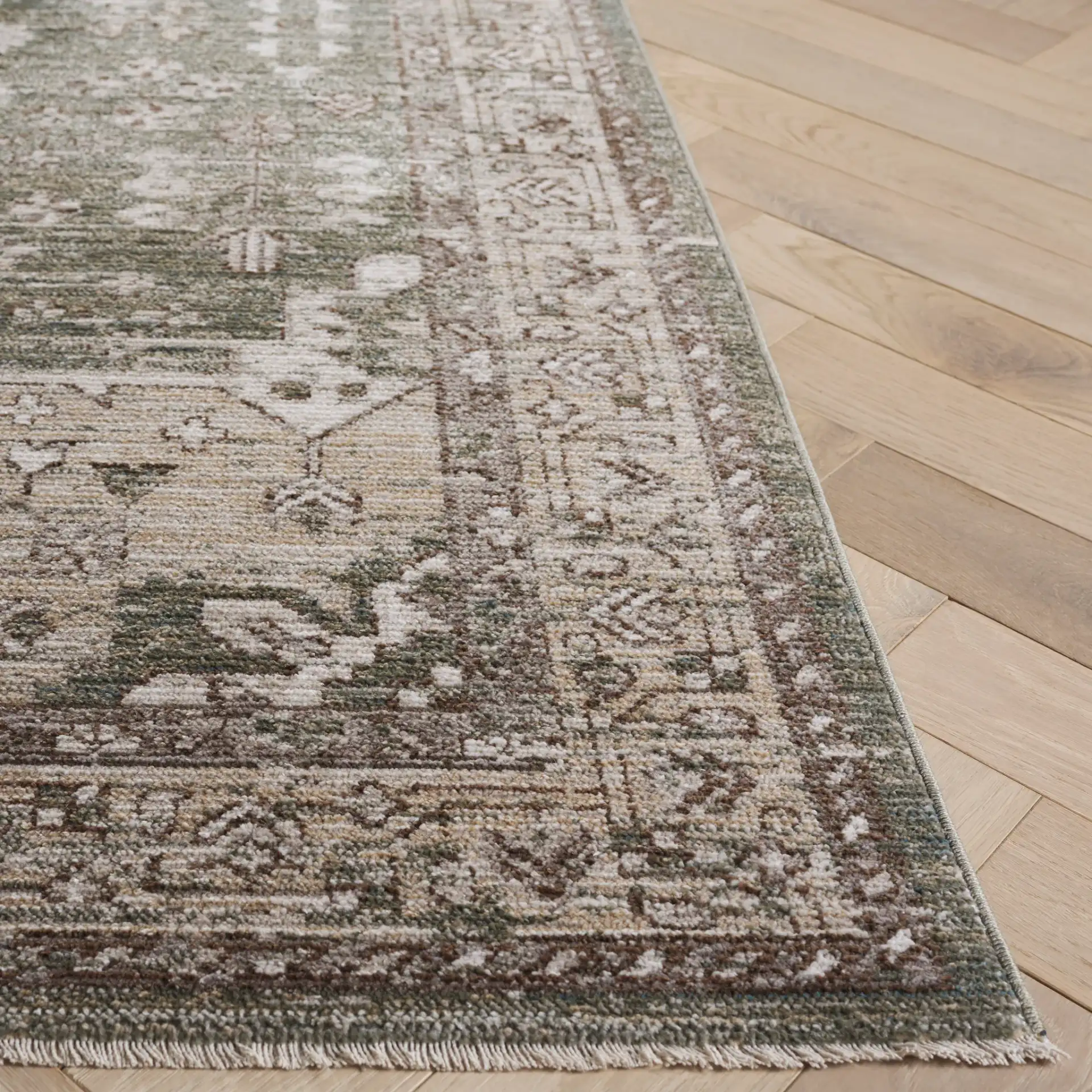 Hazel Distressed Medallion Rug in Green / Beige in a styled room