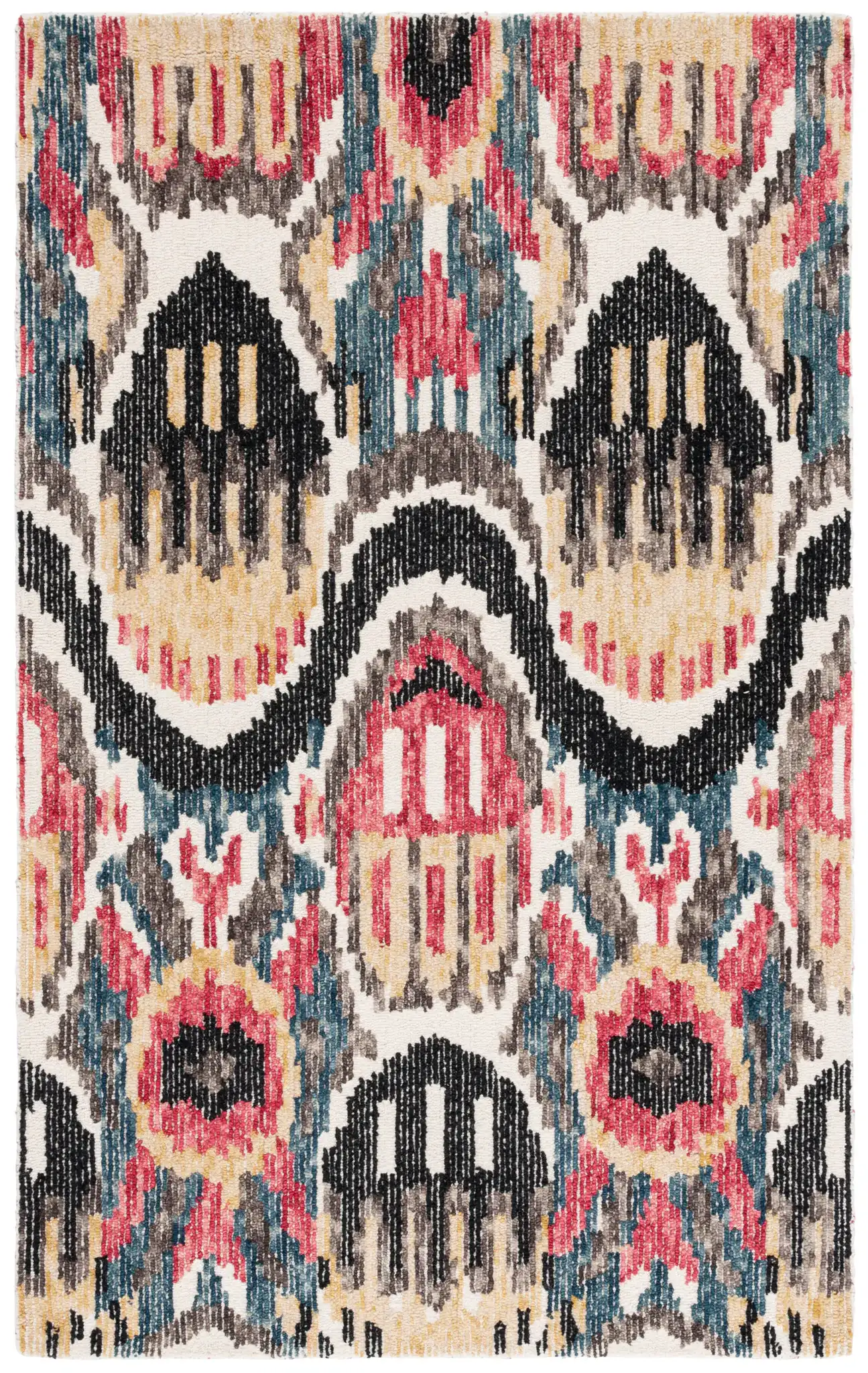 Ikat Bohemian Feathered Wave Hand-Tufted Wool Rug in Black / Red