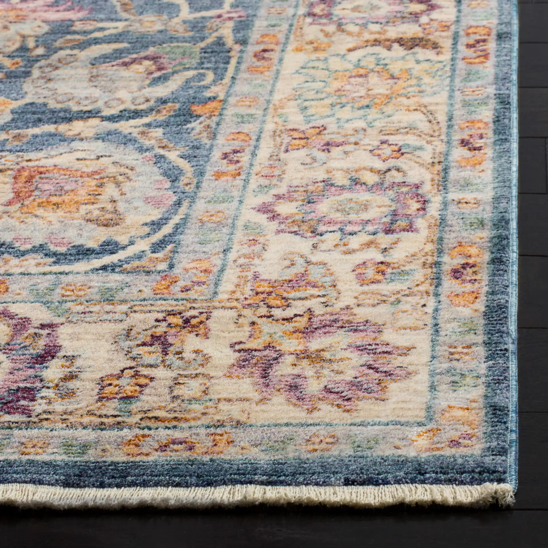 Illusion Floral Bordered Rug in Blue / Cream