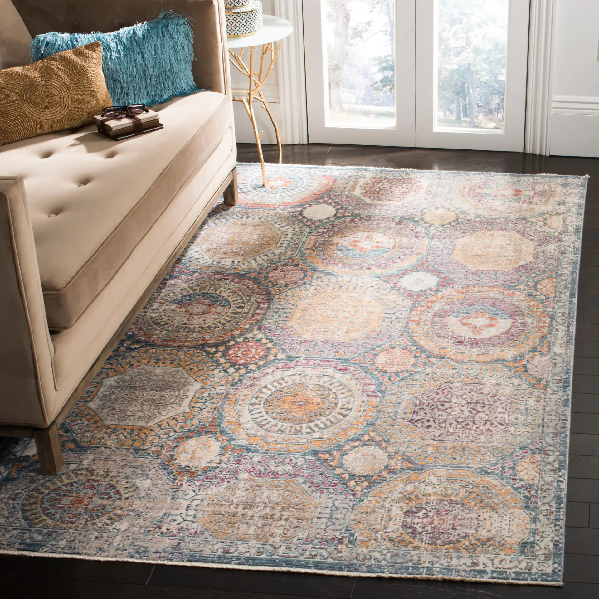 Illusion Panel Rug in Blue / Beige in a styled room