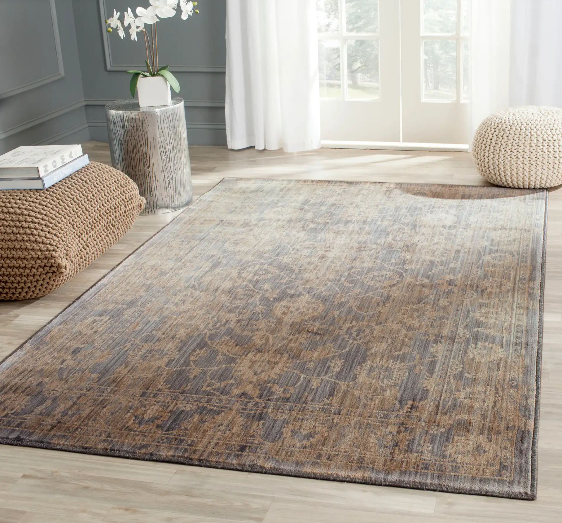 Infinity Bordered Floral Rug in Gray / Beige in a styled room