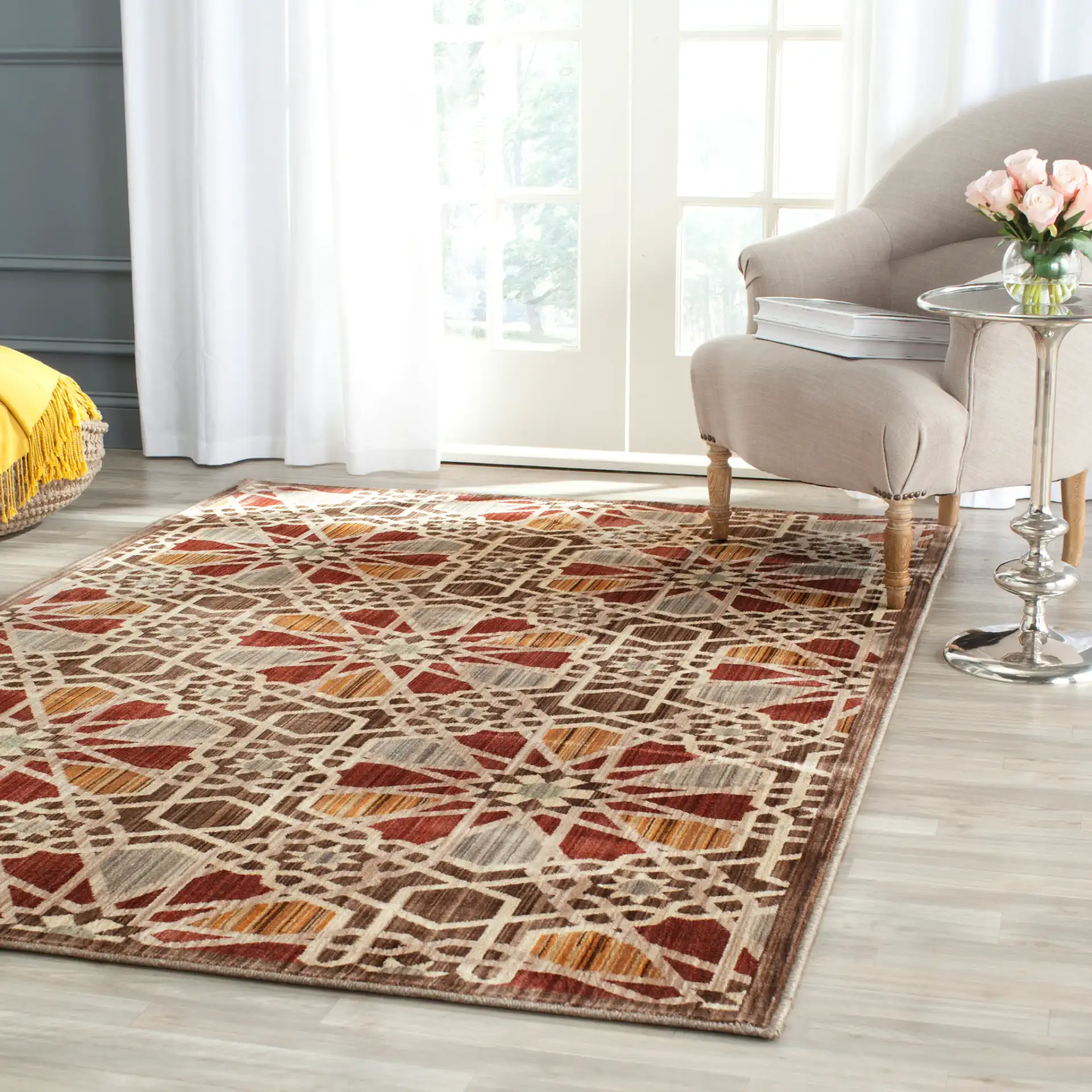 Infinity Interlocking Tile Rug in Brown / Beige in a styled room