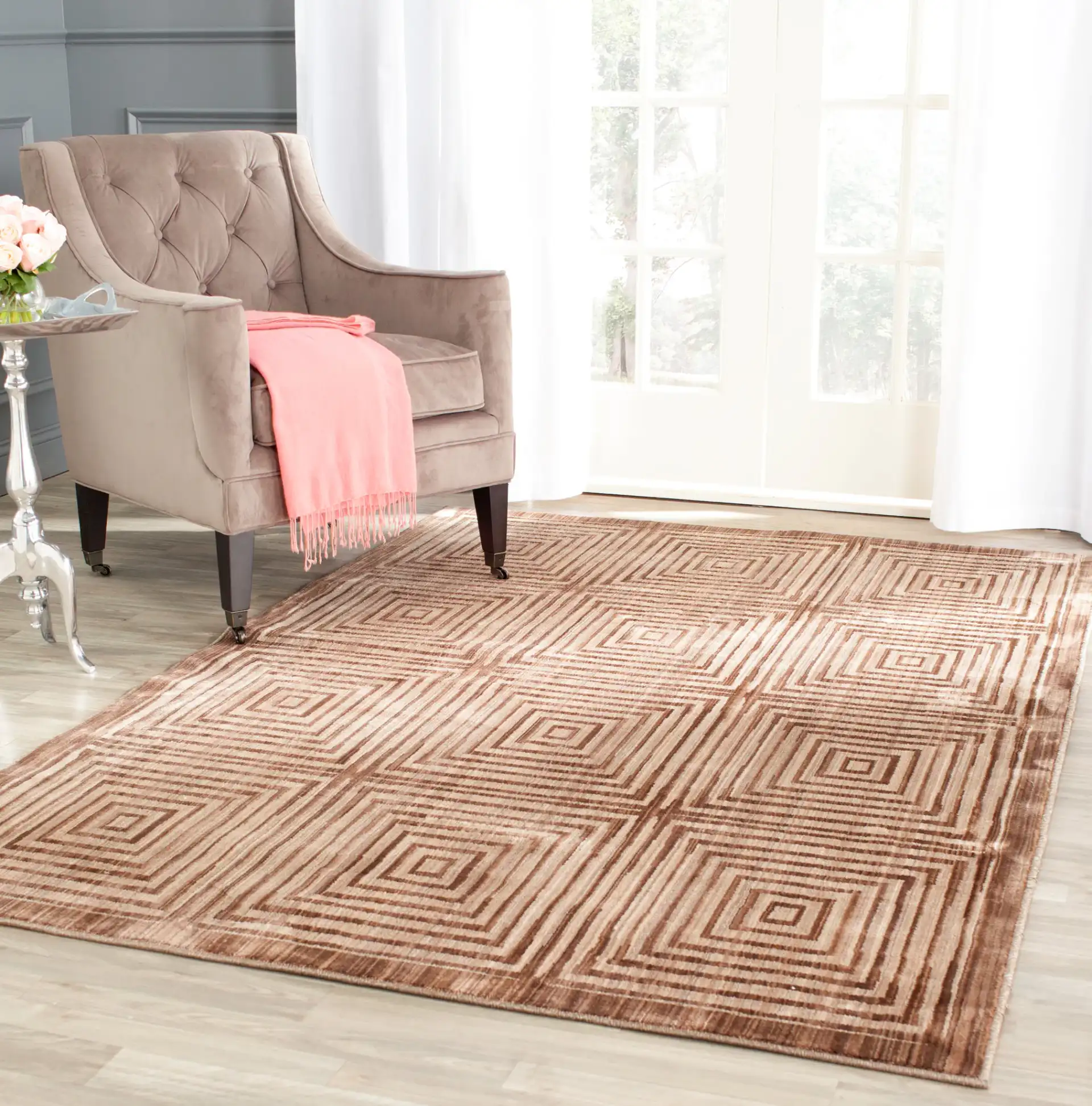 Infinity Concentric Square Rug in Brown / Beige in a styled room