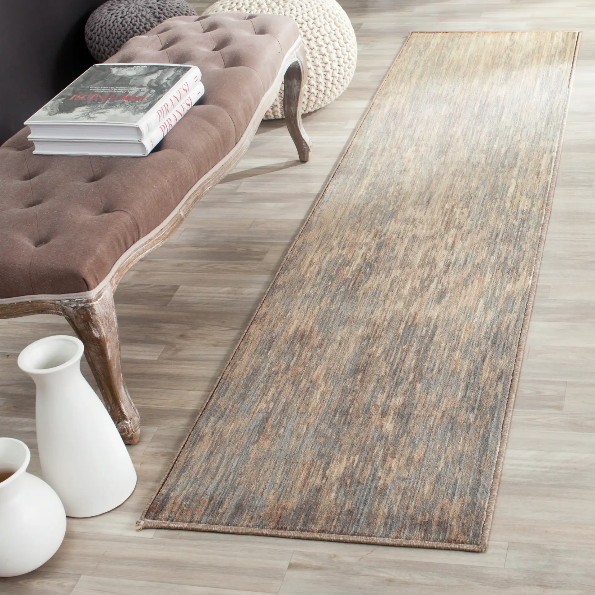 Infinity Striated Abstract Rug in Beige / Gray in a styled room