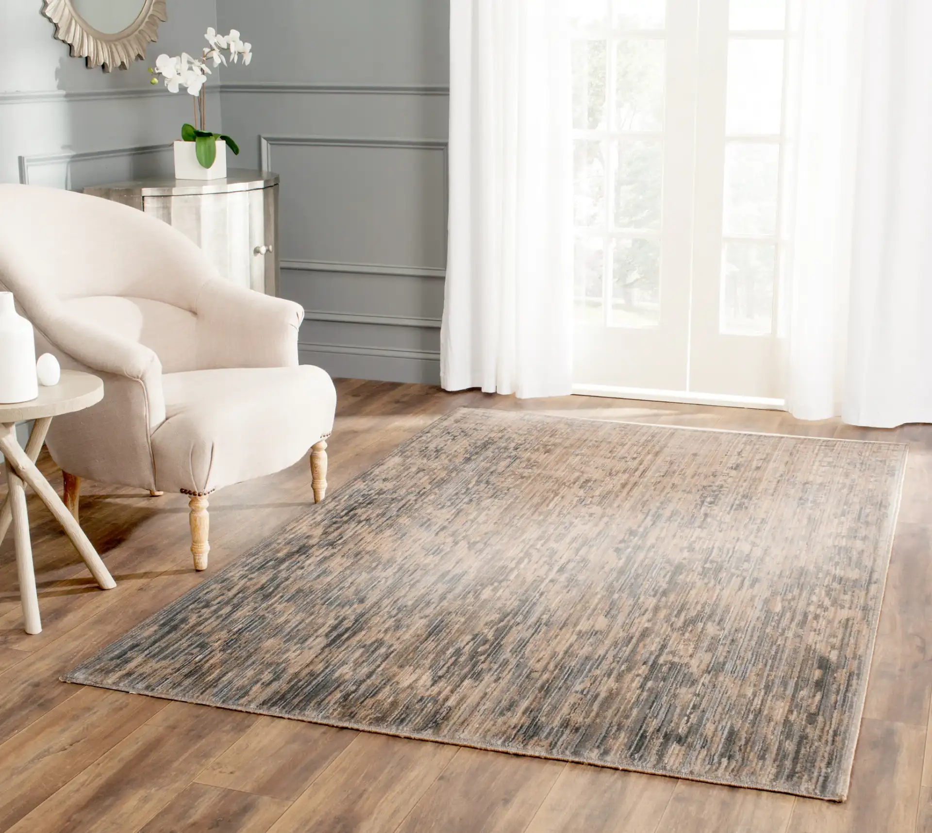 Infinity Striated Abstract Rug in Beige / Gray in a styled room