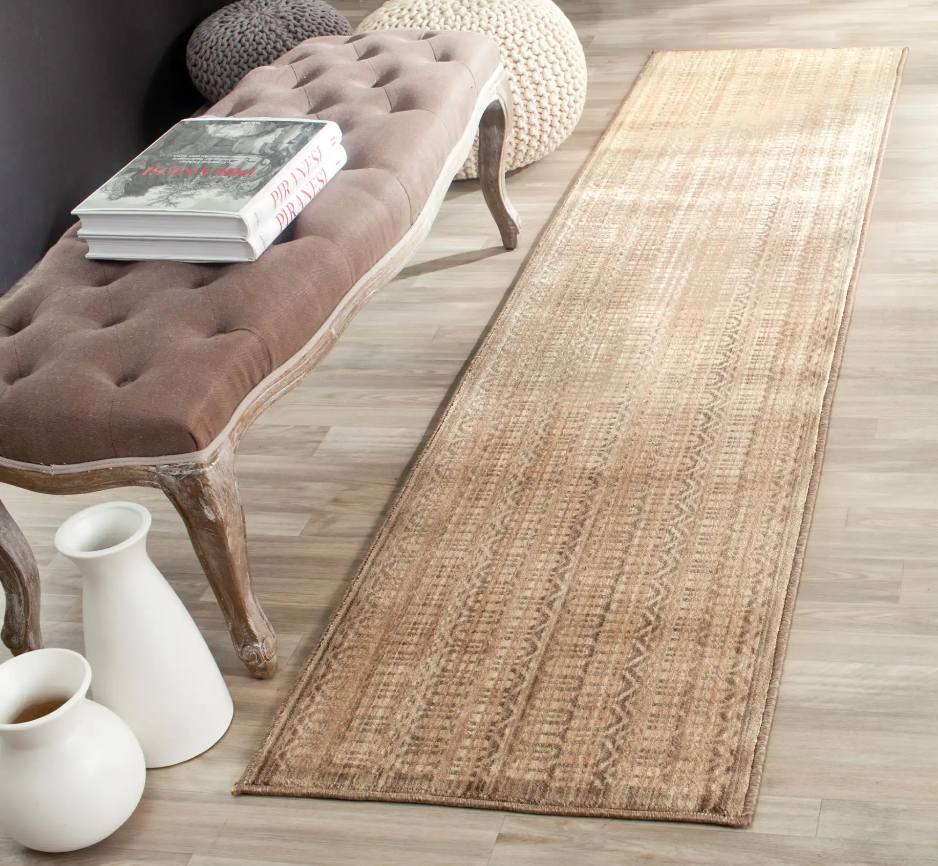 Infinity Chevron Stripe Rug in Beige / Taupe in a styled room