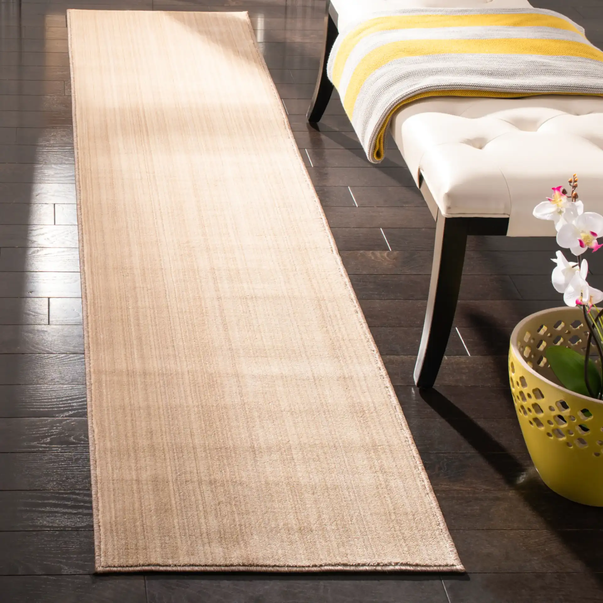 Infinity Striated Stripe Rug in Beige / Yellow in a styled room