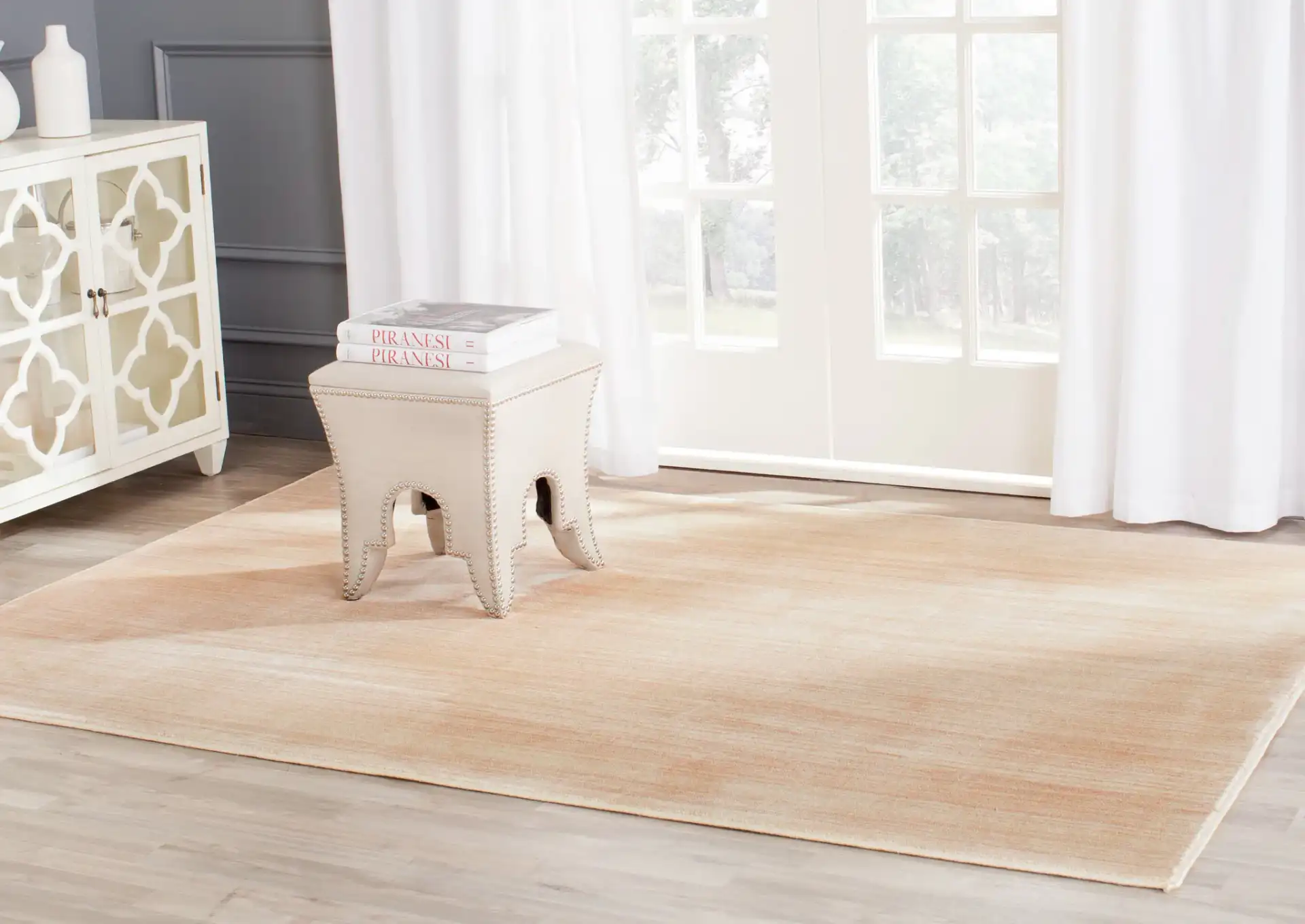 Infinity Striated Stripe Rug in Beige / Yellow in a styled room
