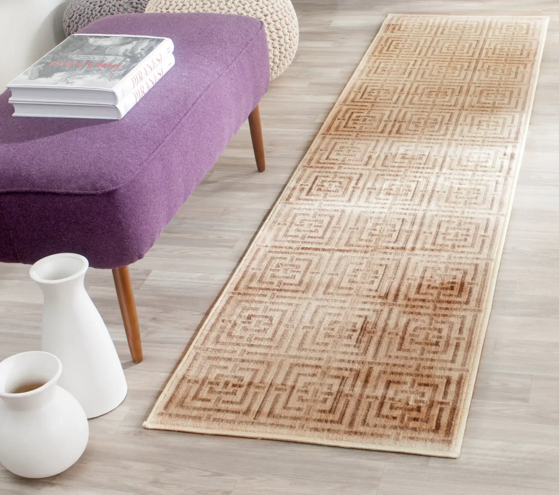 Infinity Maze Grid Rug in Yellow / Taupe in a styled room