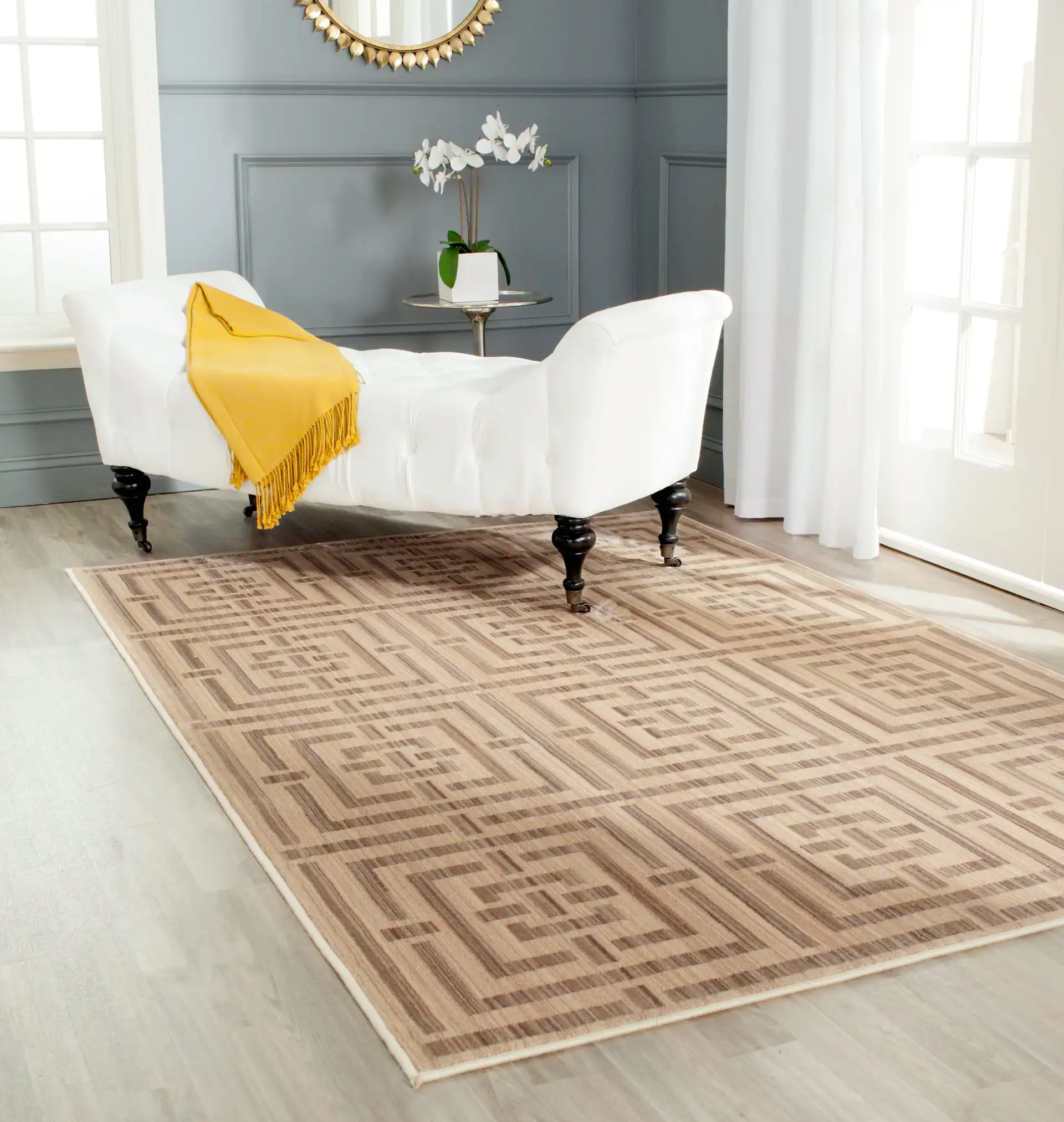 Infinity Maze Grid Rug in Yellow / Taupe in a styled room