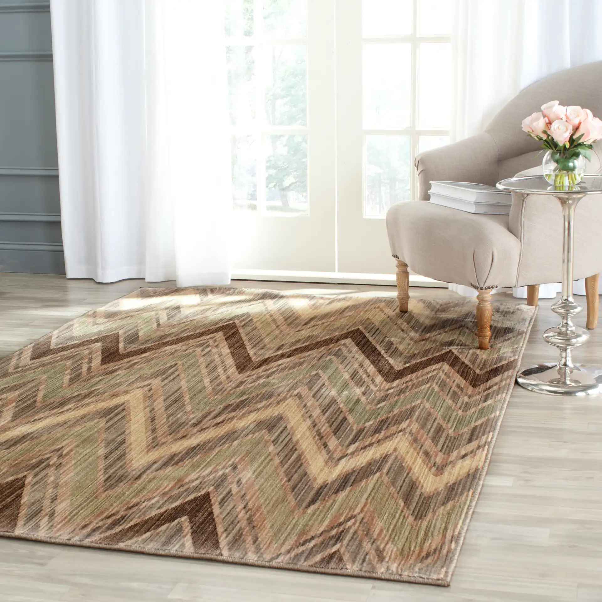 Infinity Chevron Rug in Taupe / Beige in a styled room