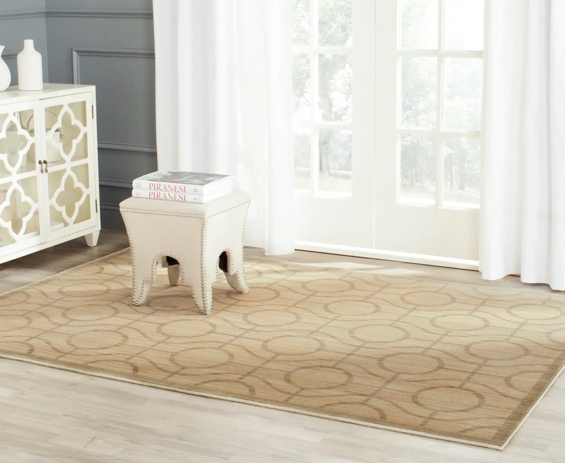 Infinity Interlocking Circle Rug in Yellow / Green in a styled room