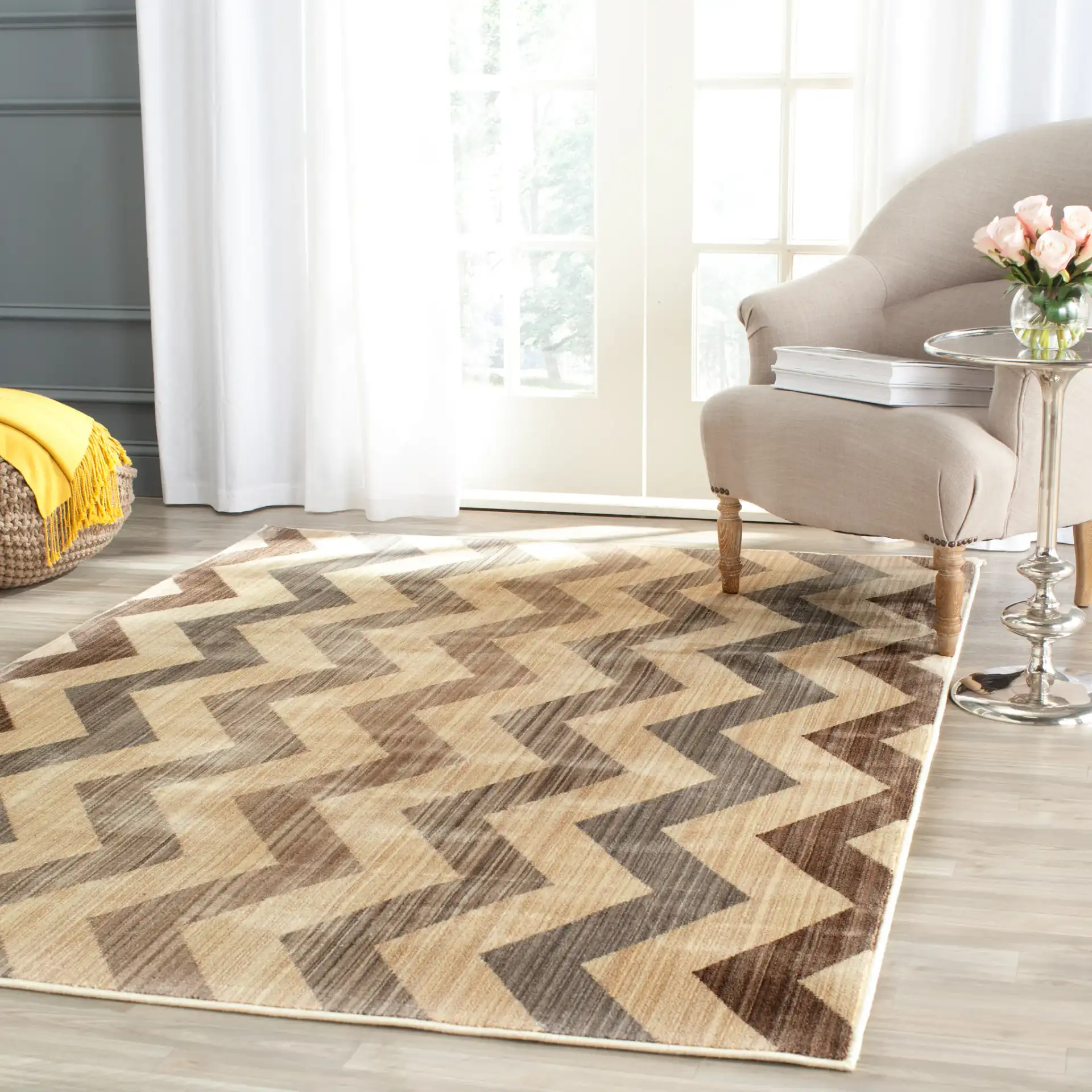 Infinity Zigzag Stripe Rug in Yellow / Brown in a styled room