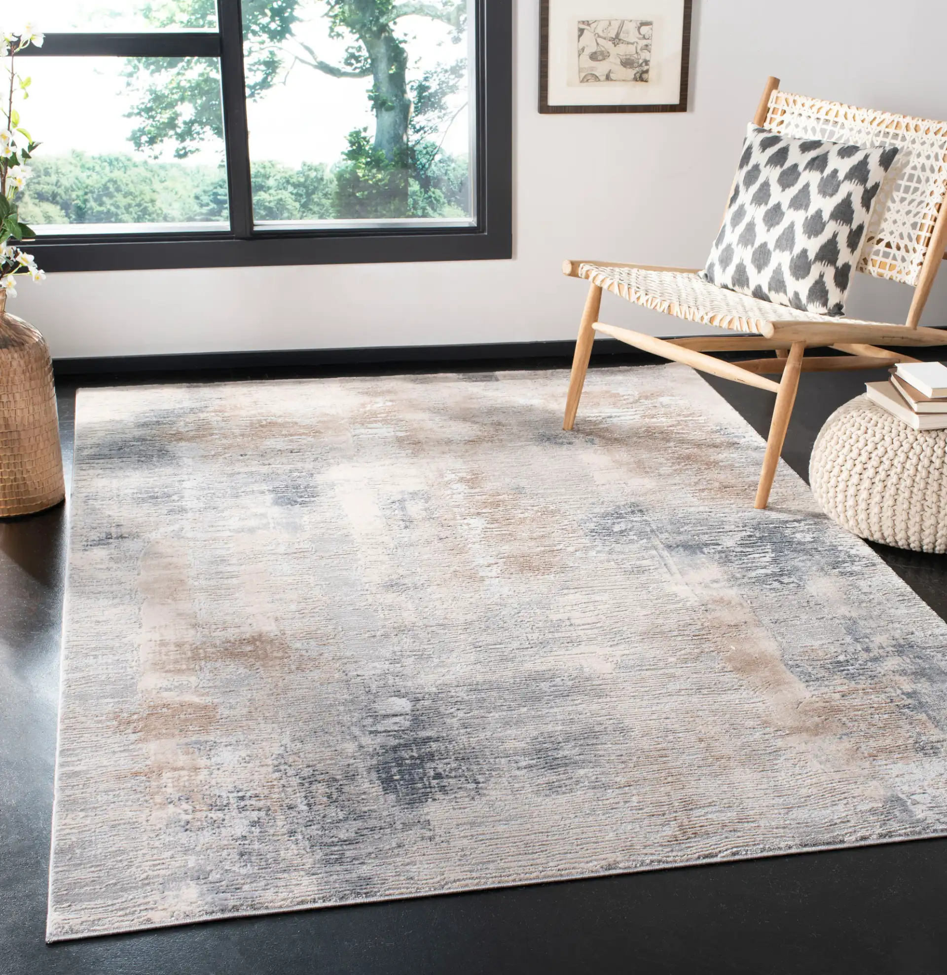 Invista Linear Abstract Rug in Cream / Gray in a styled room