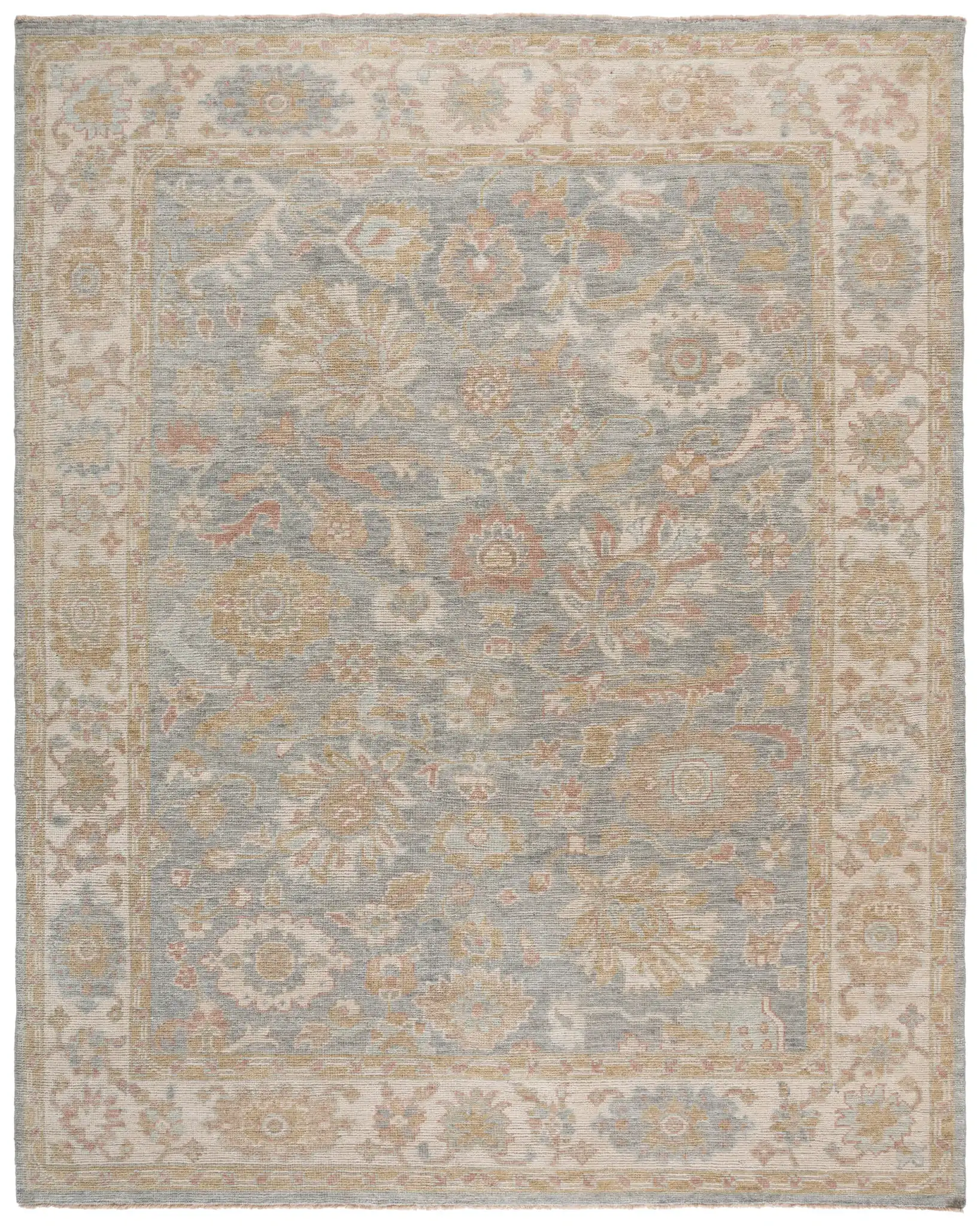 Izmir Floral Border Hand-Knotted Rug in Light Blue / Ivory