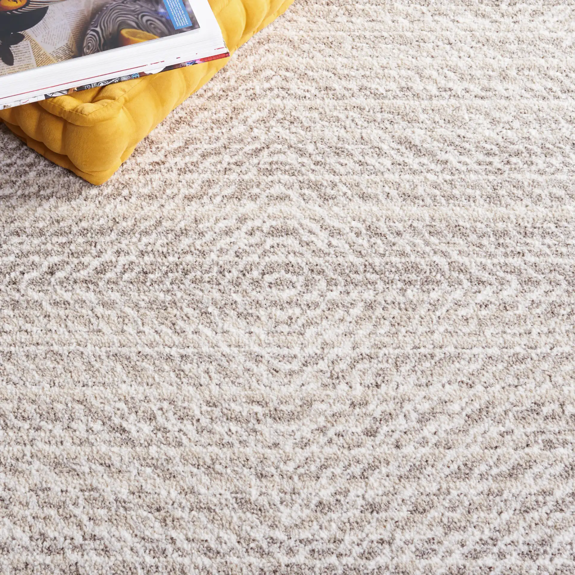 Jade Concentric Diamond Rug in Beige / Ivory in a styled room