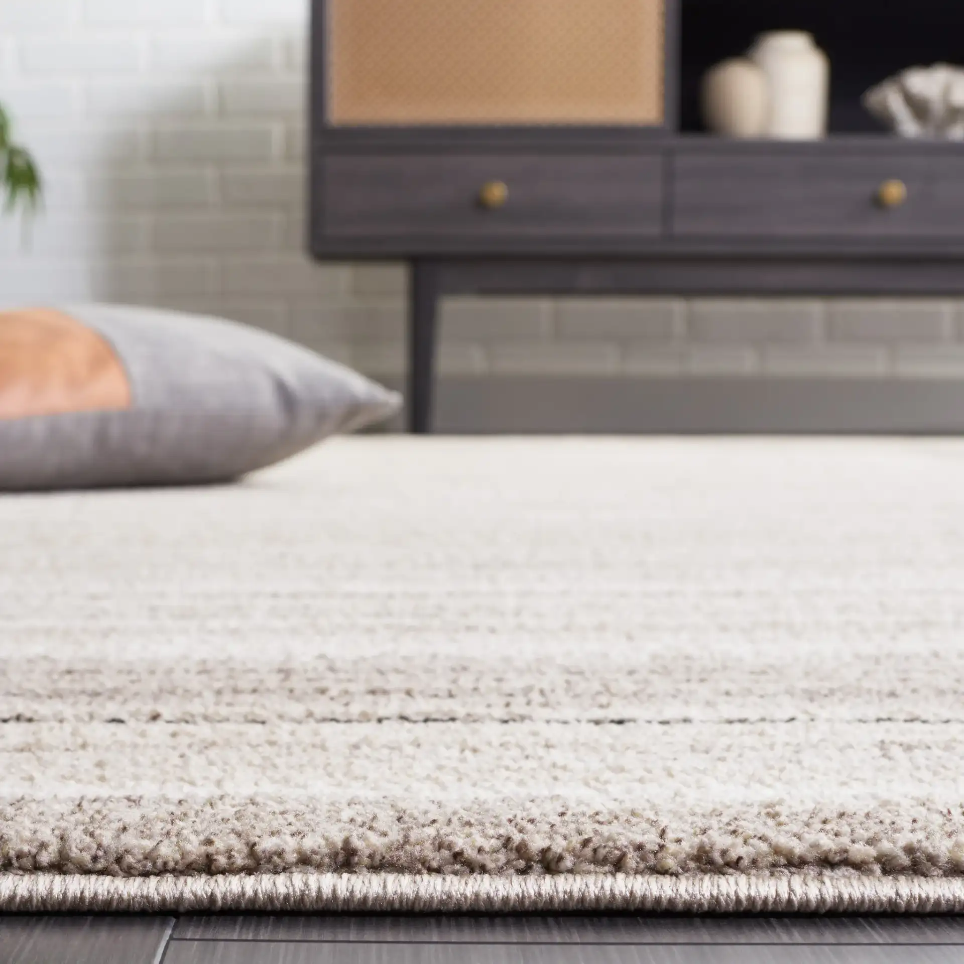 Jade Bordered Stripe Rug in Ivory / Beige Black in a styled room