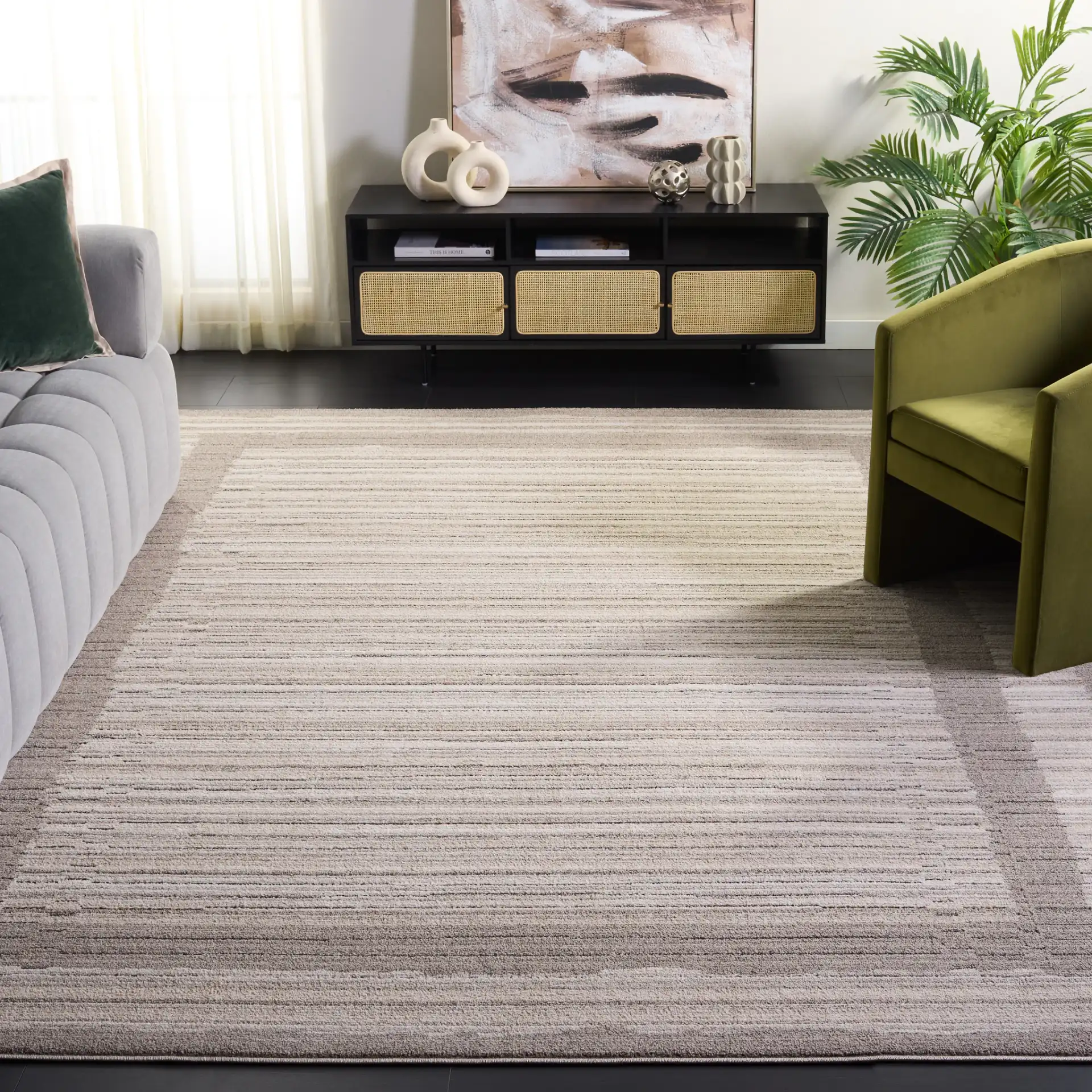 Jade Bordered Stripe Rug in Ivory / Beige Black in a styled room