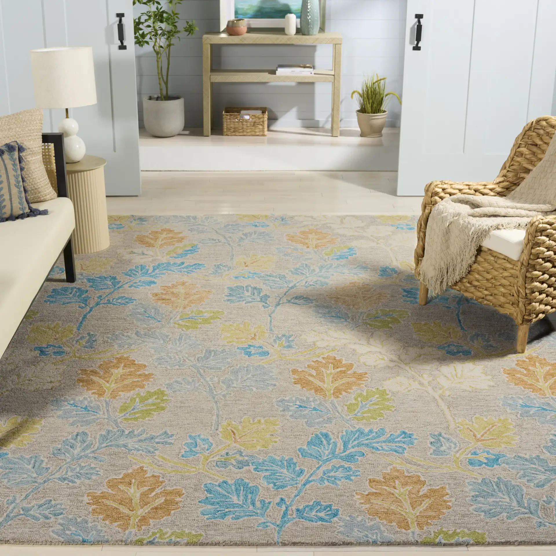 Jardin Oak Leaf Hand-Tufted Wool Rug in Blue / Gray in a styled room