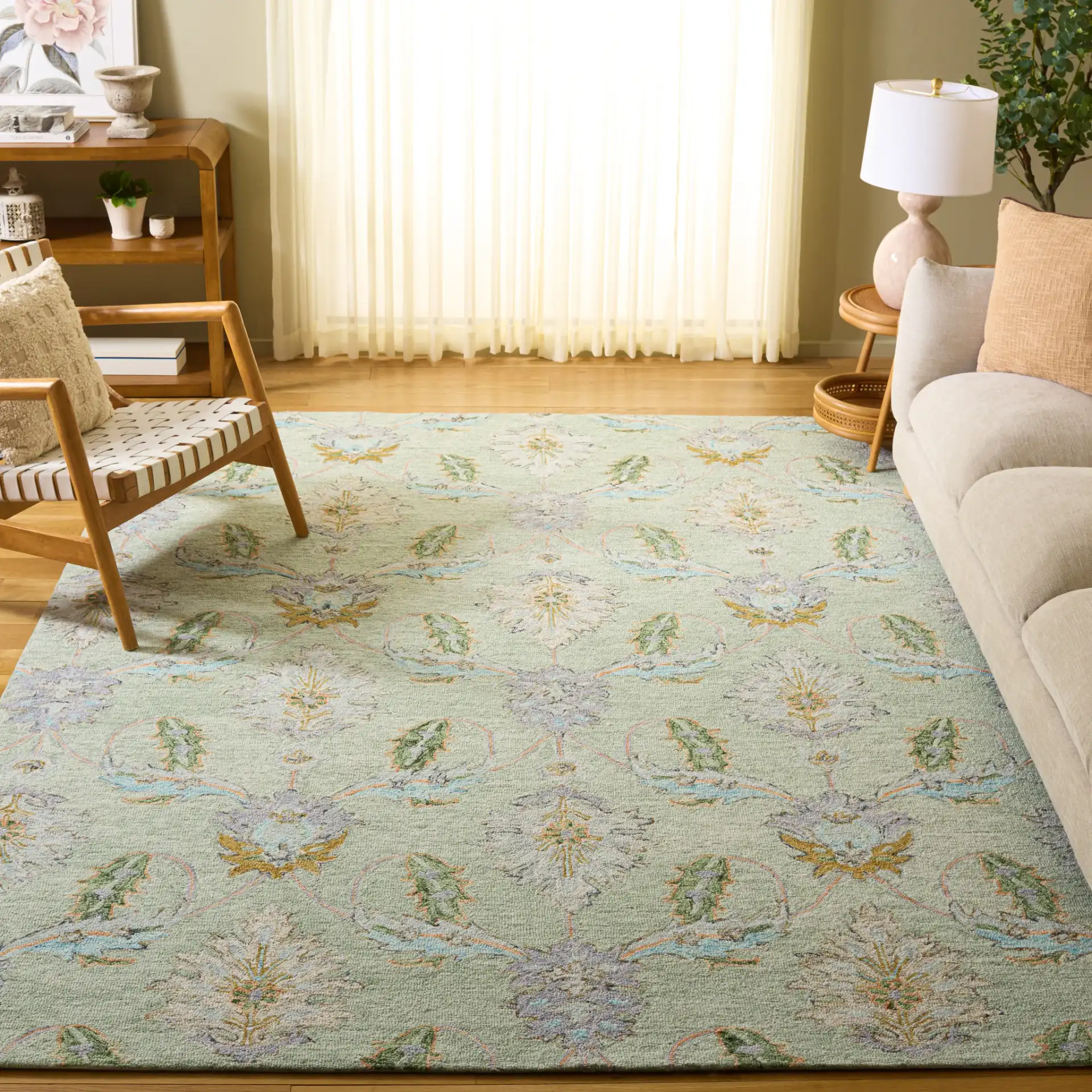 Jardin Allover Botanical Hand-Tufted Wool Rug in Sage / Green in a styled room