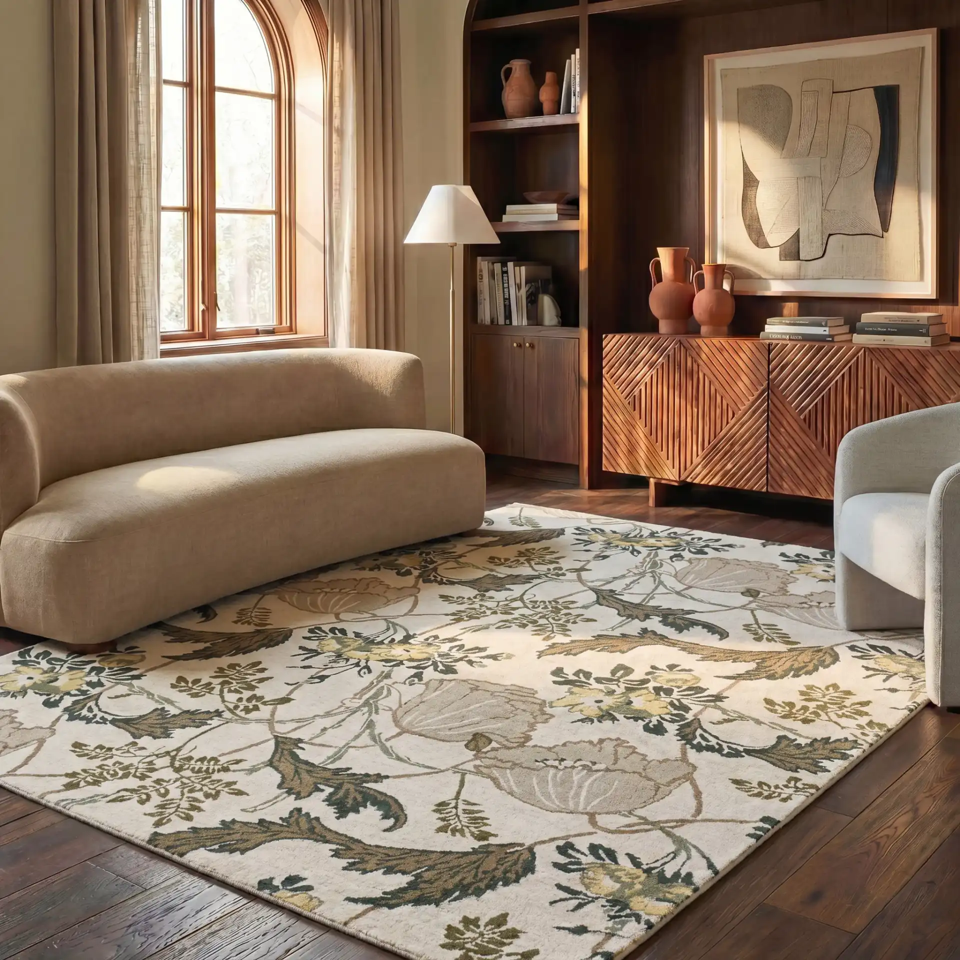 Jardin Botanical Vine Hand-Tufted Wool Rug in Ivory / Green in a styled room