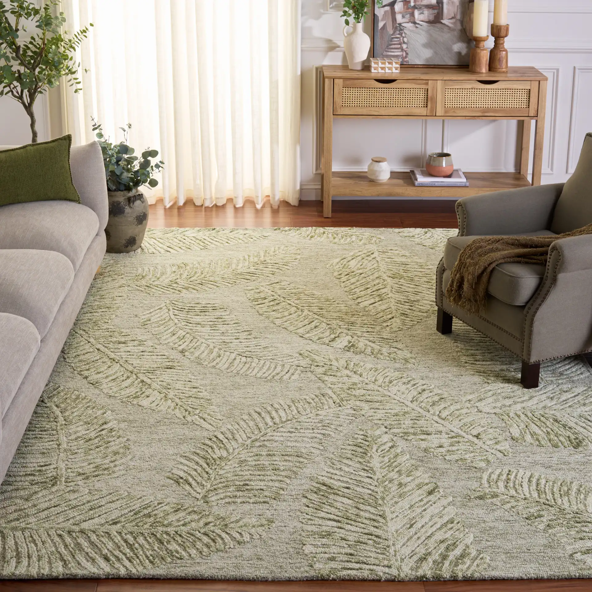 Jardin Palm Leaf Hand-Tufted Wool Rug in Sage / Ivory in a styled room