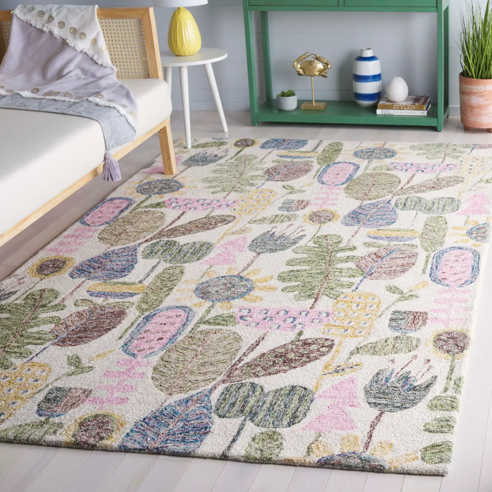 Jardin Garden Botanical Hand-Tufted Wool Rug in Beige / Blue in a styled room