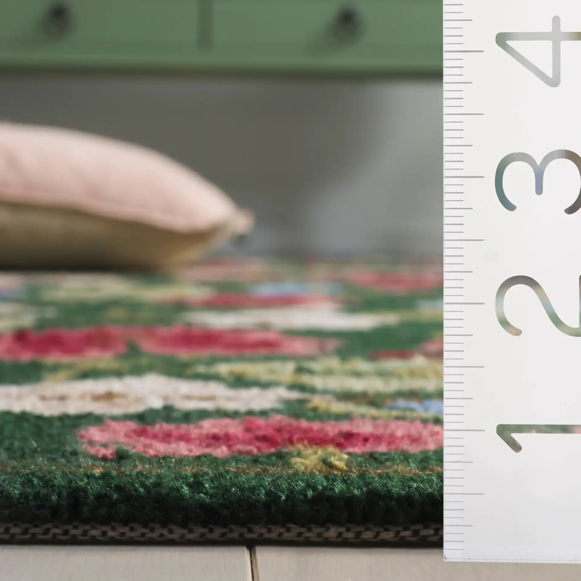 Jardin Floral Border Hand-Tufted Rug in Green / Red in a styled room