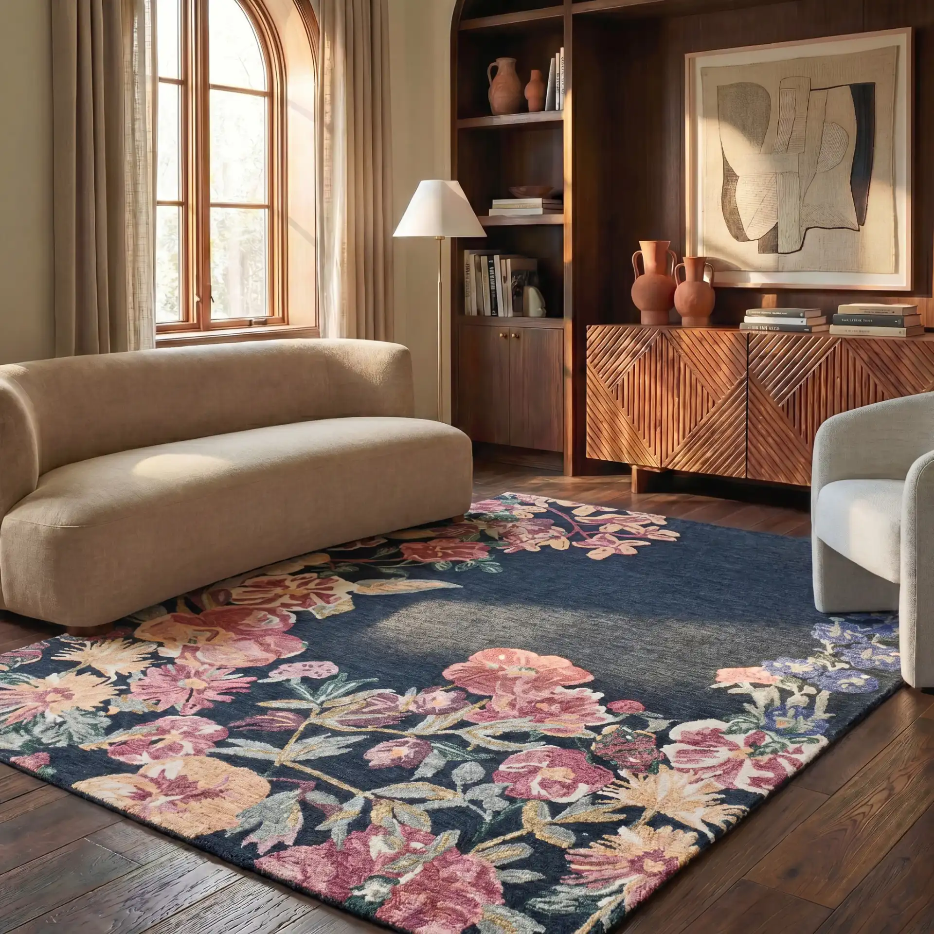 Jardin Asymmetrical Floral Hand-Tufted Wool Rug in Navy / Pink in a styled room