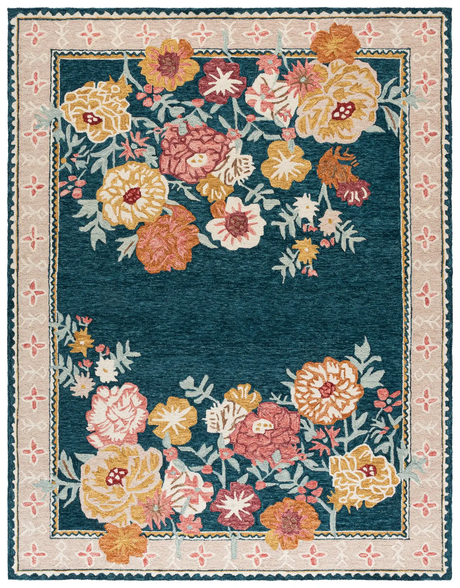Jardin Floral Border Hand-Tufted Wool Rug in Dark Green / Pink