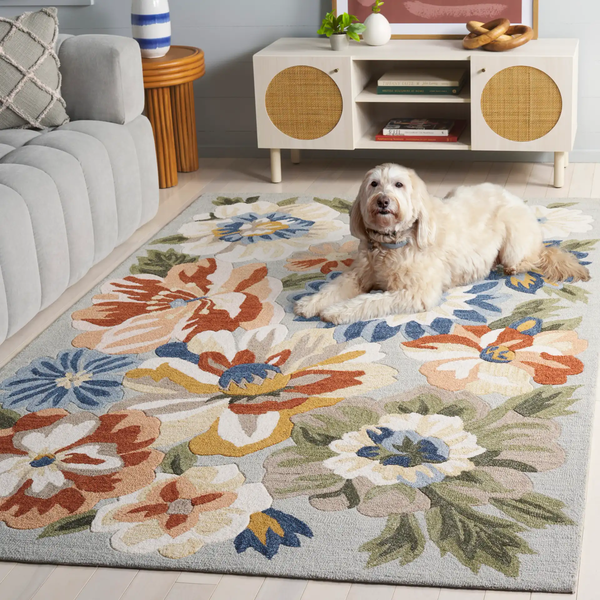 Jardin Packed Floral Hand-Tufted Wool Rug in Sage / Blue in a styled room