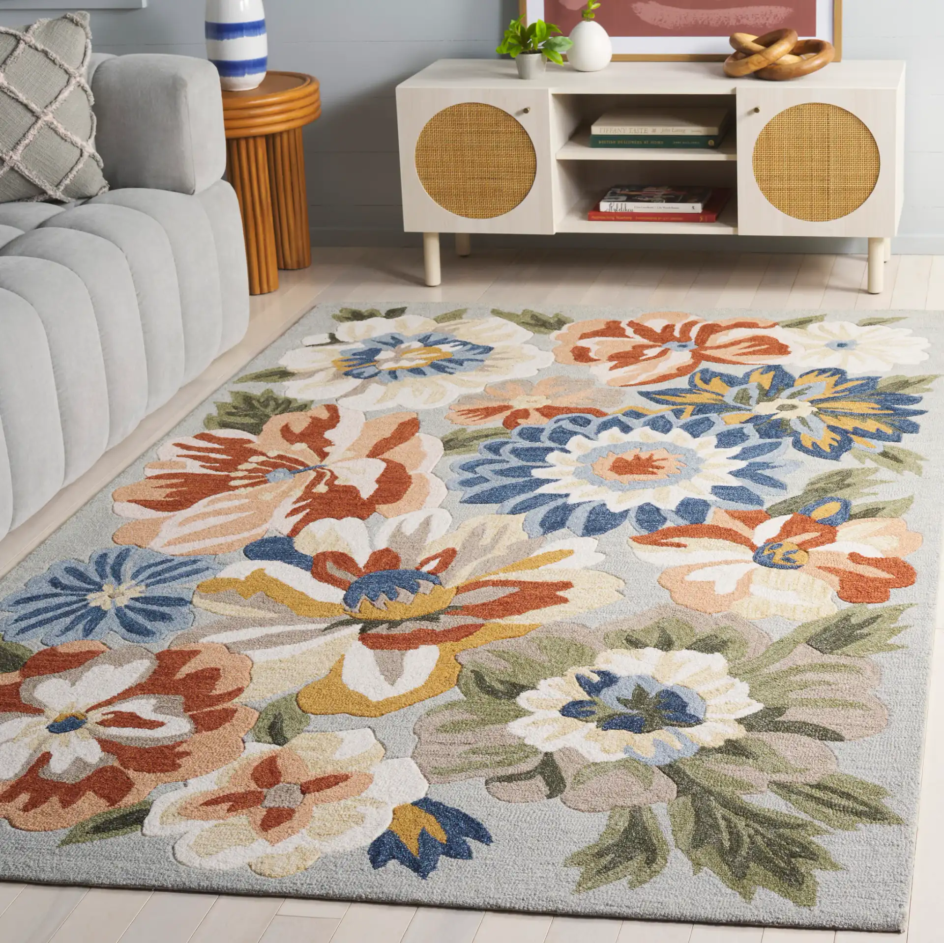 Jardin Packed Floral Hand-Tufted Wool Rug in Sage / Blue in a styled room