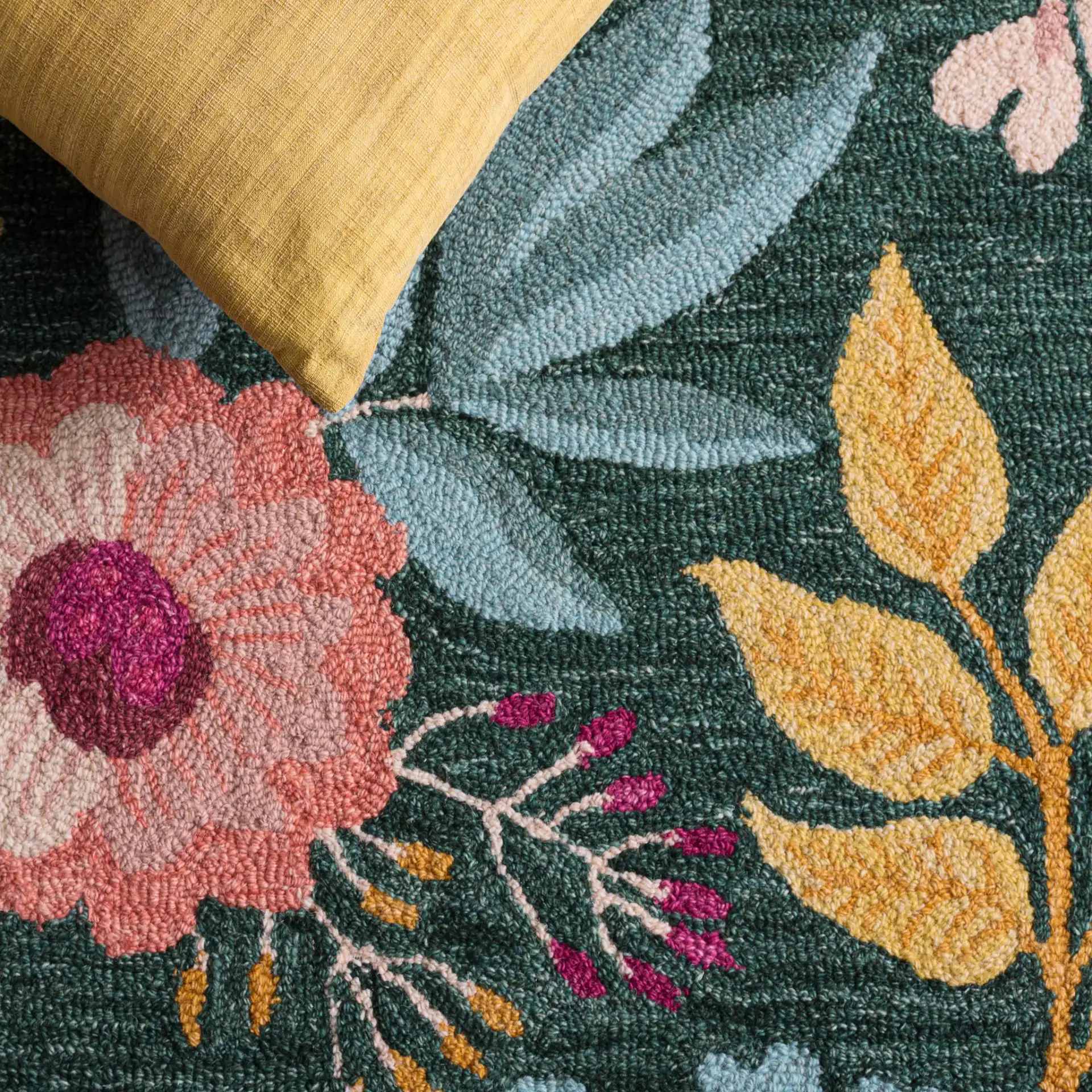 Jardin Botanical Floral Hand-Tufted Wool Rug in Green / Yellow in a styled room