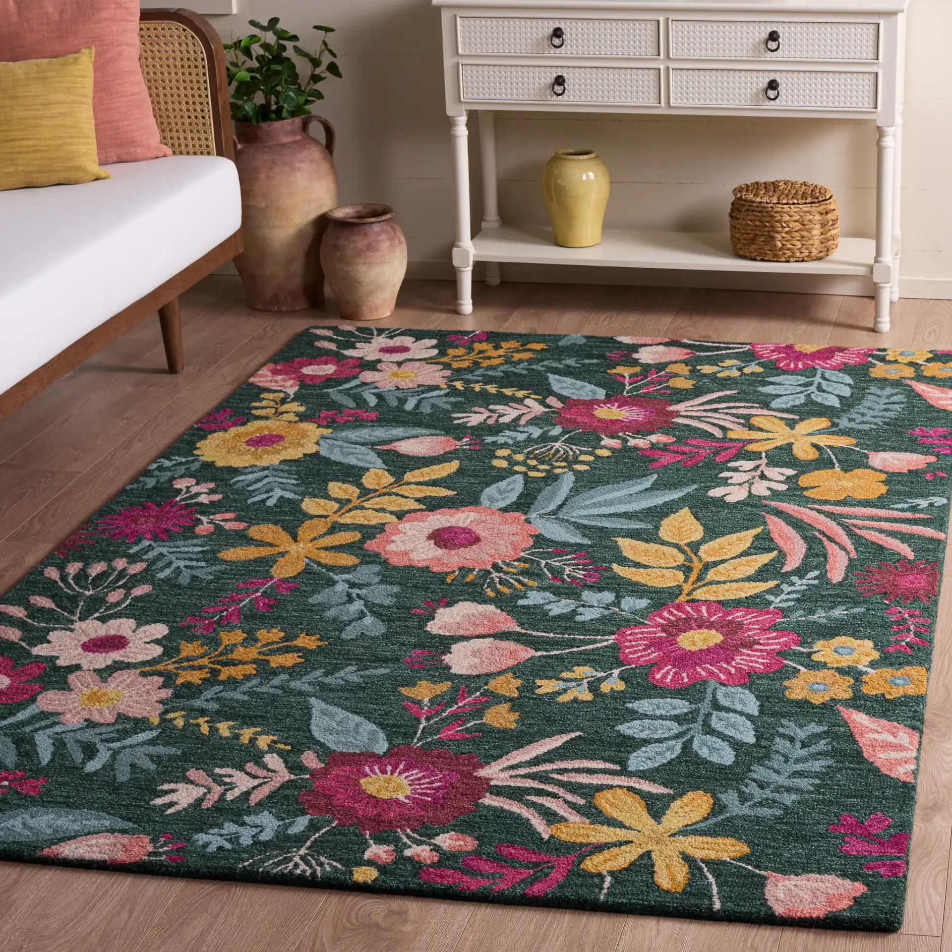 Jardin Botanical Floral Hand-Tufted Wool Rug in Green / Yellow in a styled room