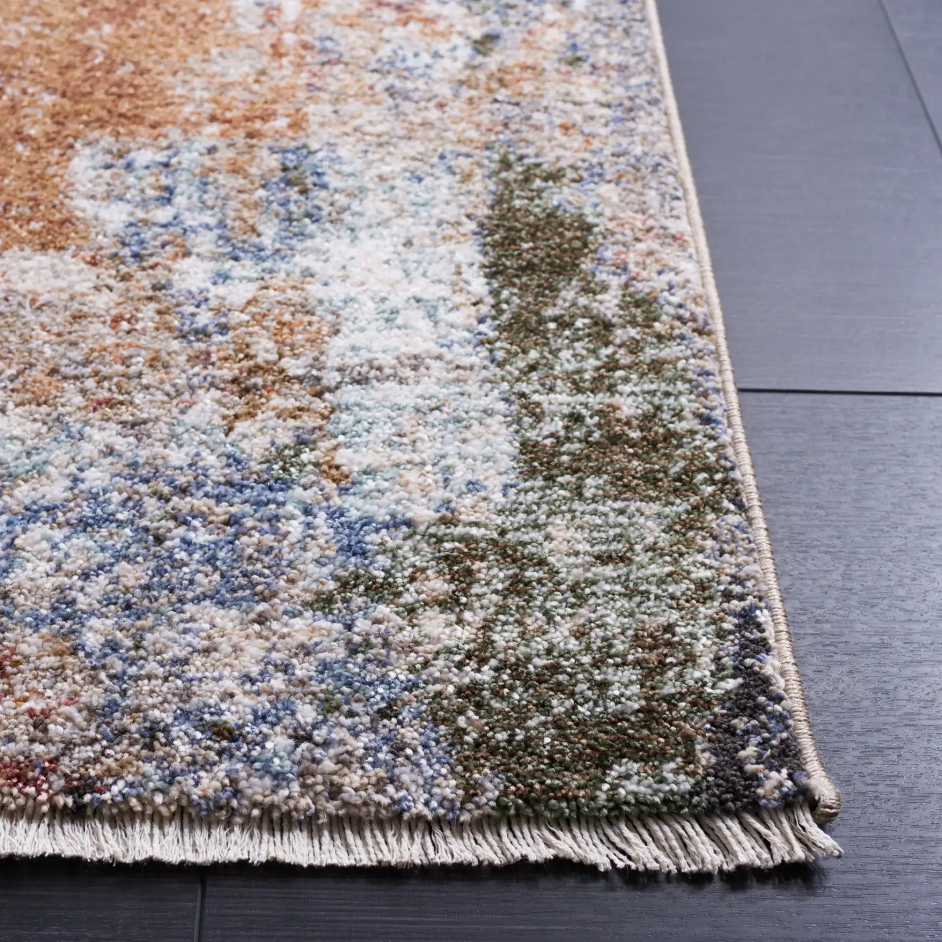 Jasmine Distressed Abstract Rug in Ivory / Blue in a styled room