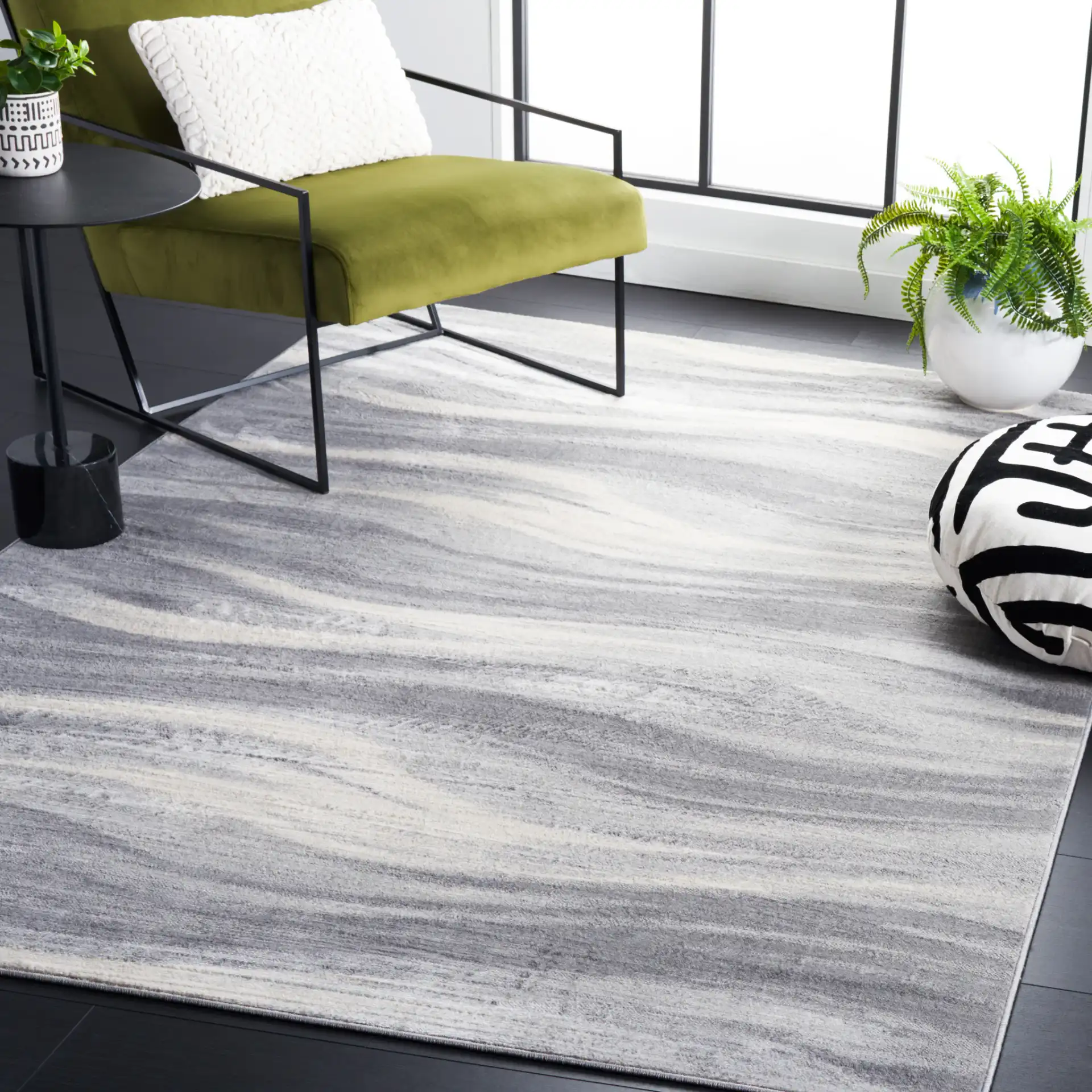 Jasper Abstract Wave Rug in Gray / Ivory in a styled room