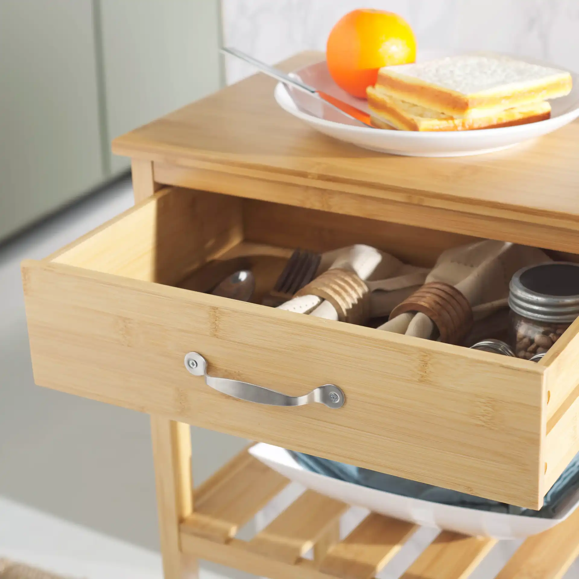 Corteau Kitchen Cart in Natural in a styled room