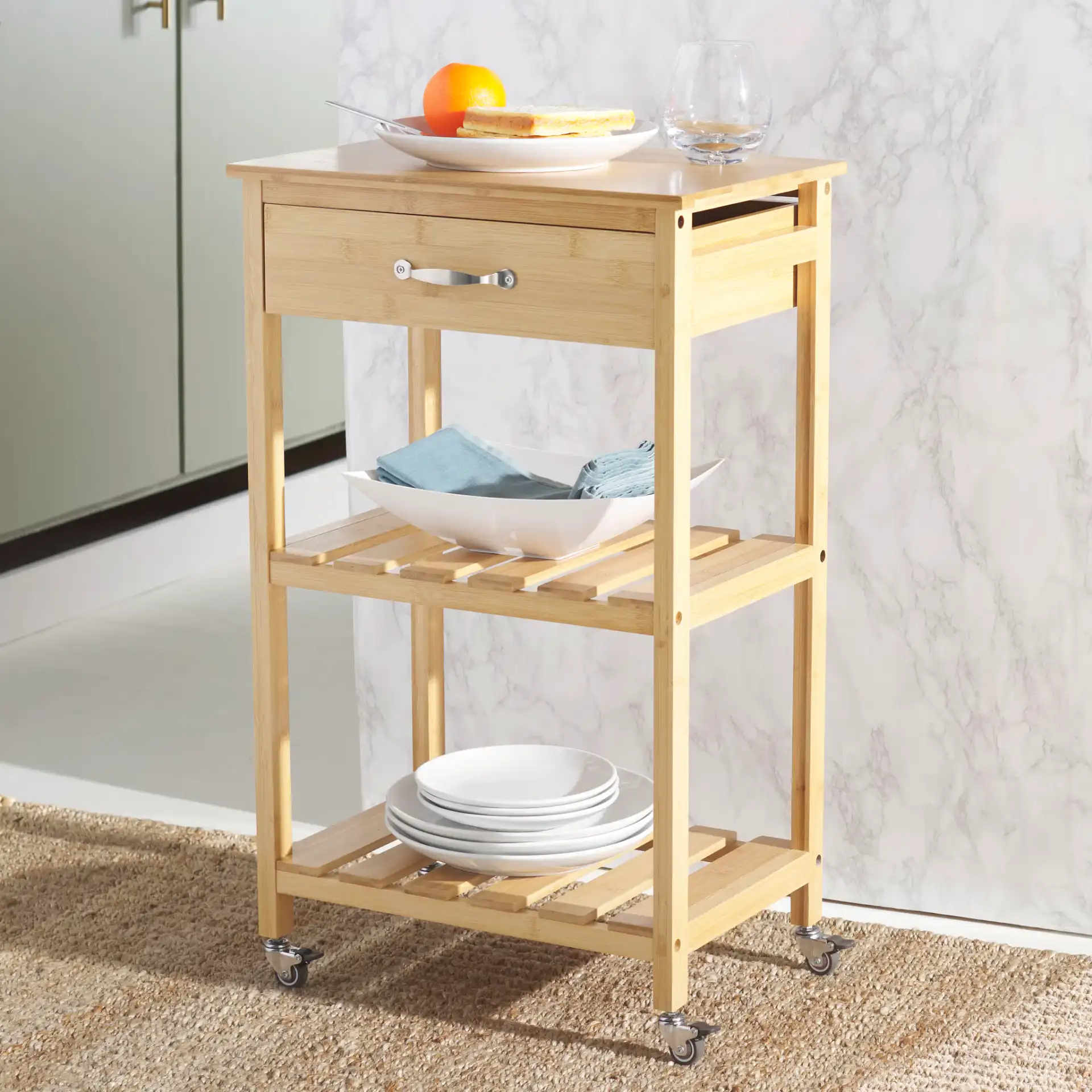 Corteau Kitchen Cart in Natural in a styled room