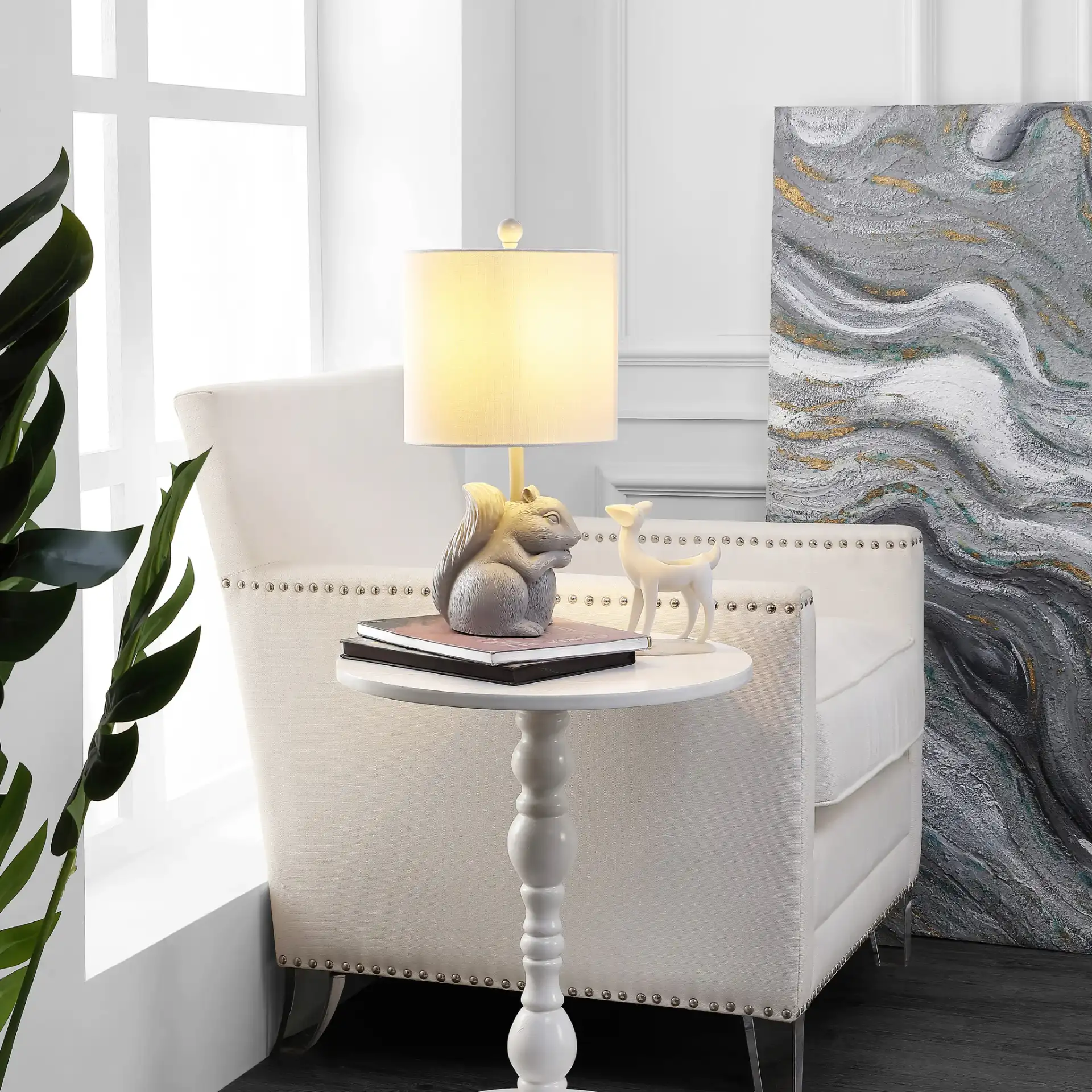 Sunny Squirrel Lamp in Gray in a styled room