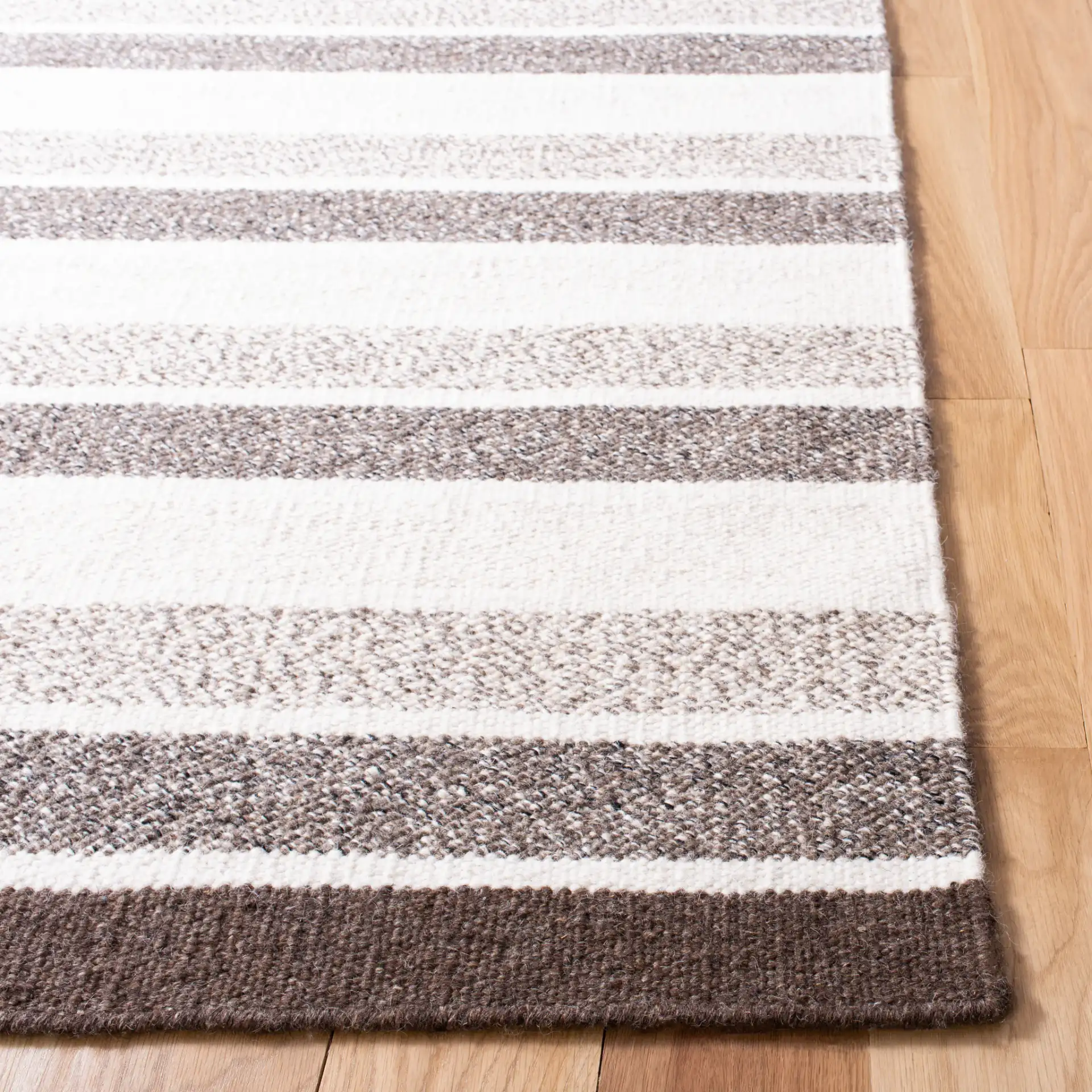 Kilim Stripe Flatweave Wool Rug in Ivory / Brown in a styled room