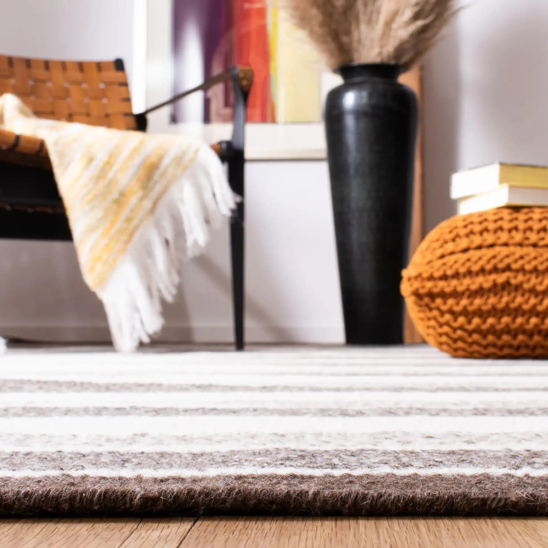 Kilim Stripe Flatweave Wool Rug in Ivory / Brown in a styled room